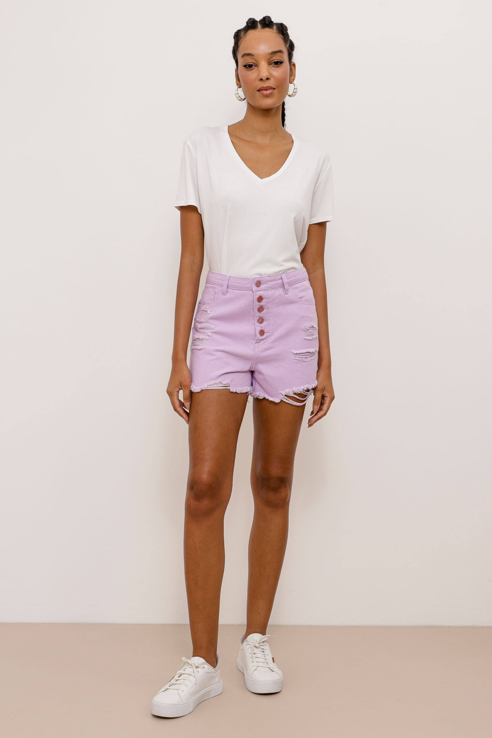 9033778 - Short Sarja Color Botões  LILAS