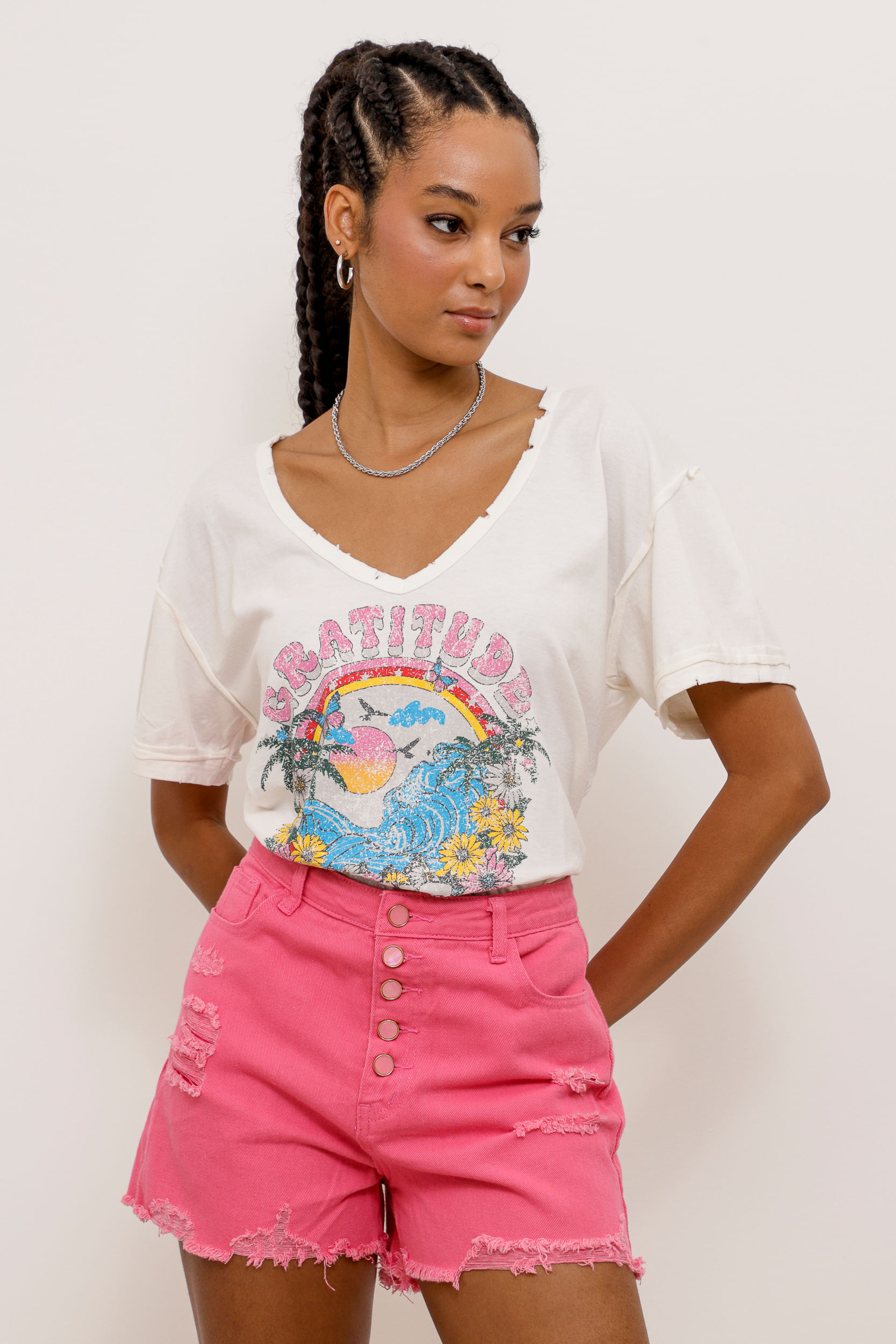 9033778 - Short Sarja Color Botões  PINK