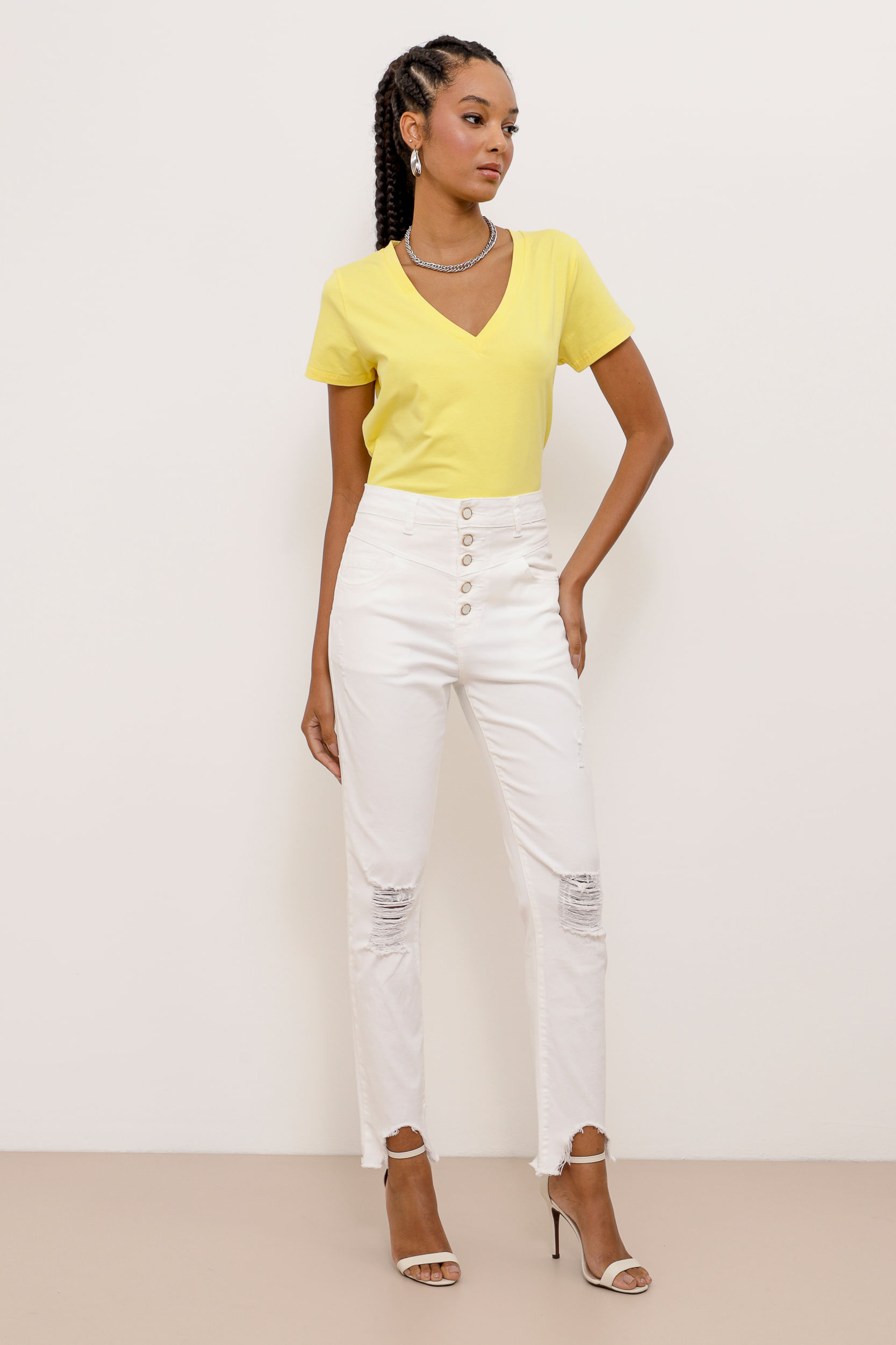 9033772 - Calça Skinny Sarja Puídos Recortes  OFF-WHITE