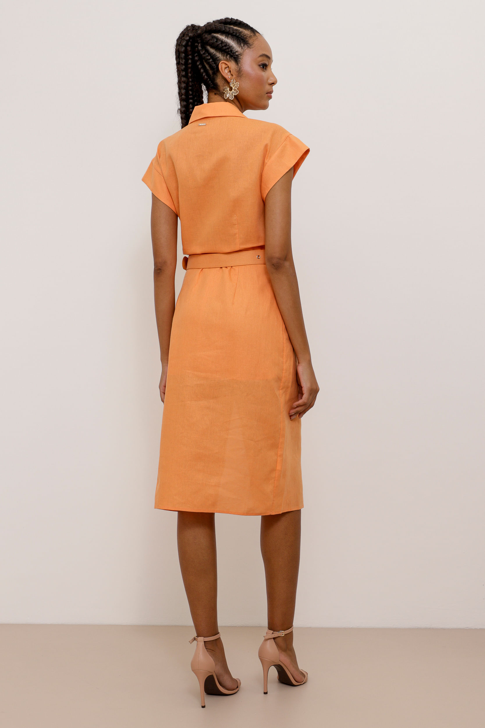 9033811 - Vestido Mídi Linho Cinto Com Fivela LARANJA