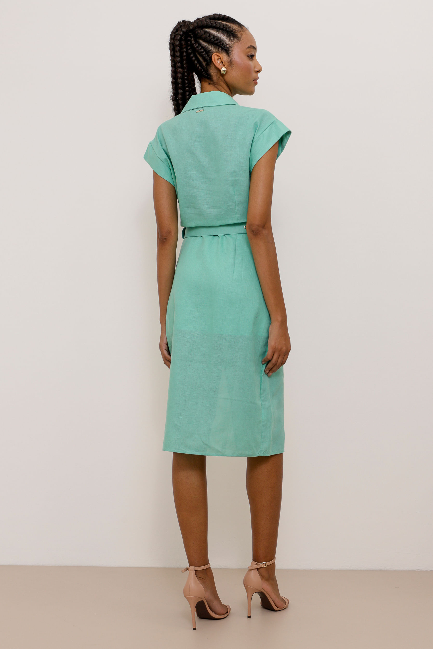 9033811 - Vestido Mídi Linho Cinto Com Fivela TURQUESA