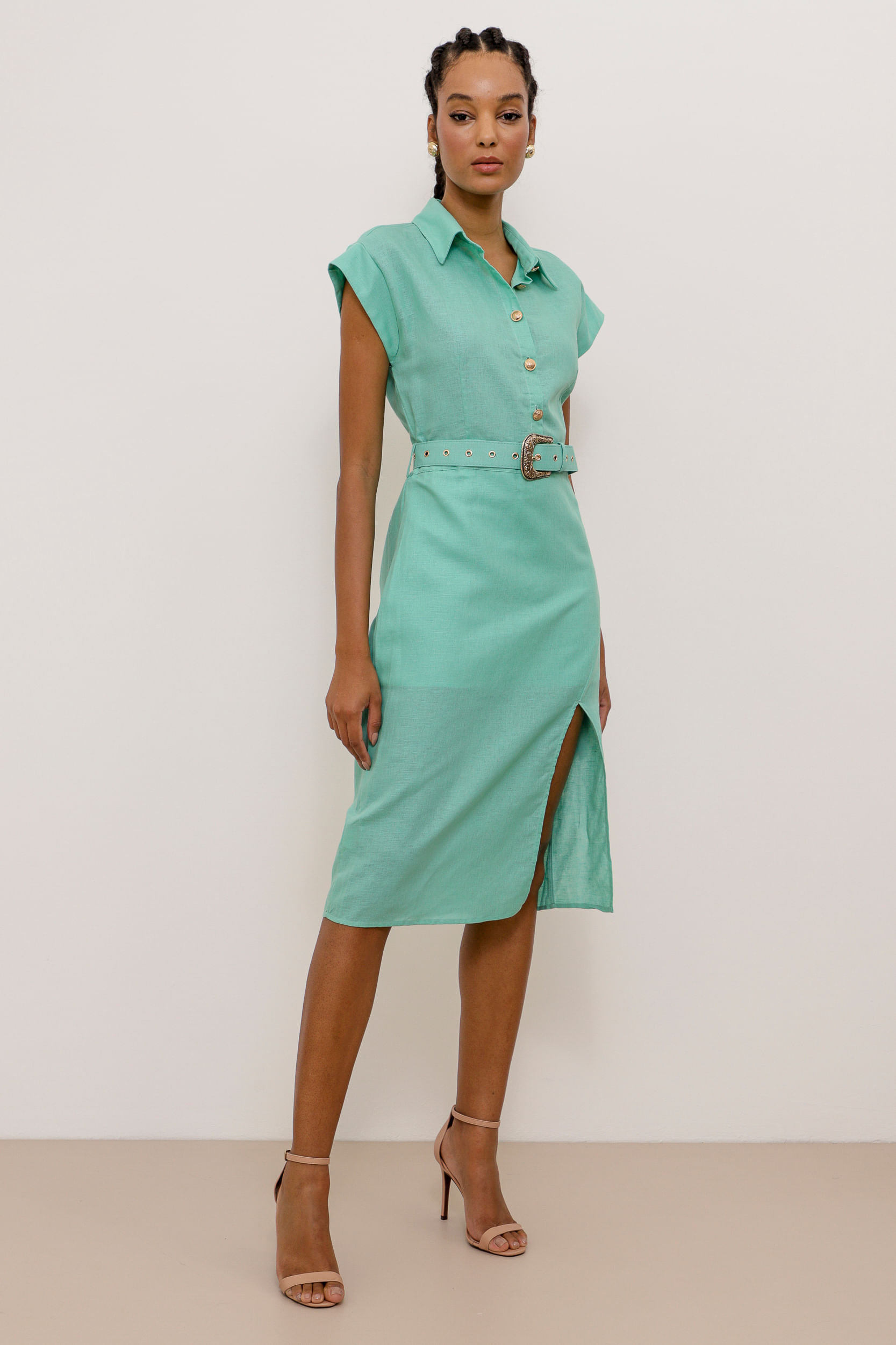 9033811 - Vestido Mídi Linho Cinto Com Fivela TURQUESA