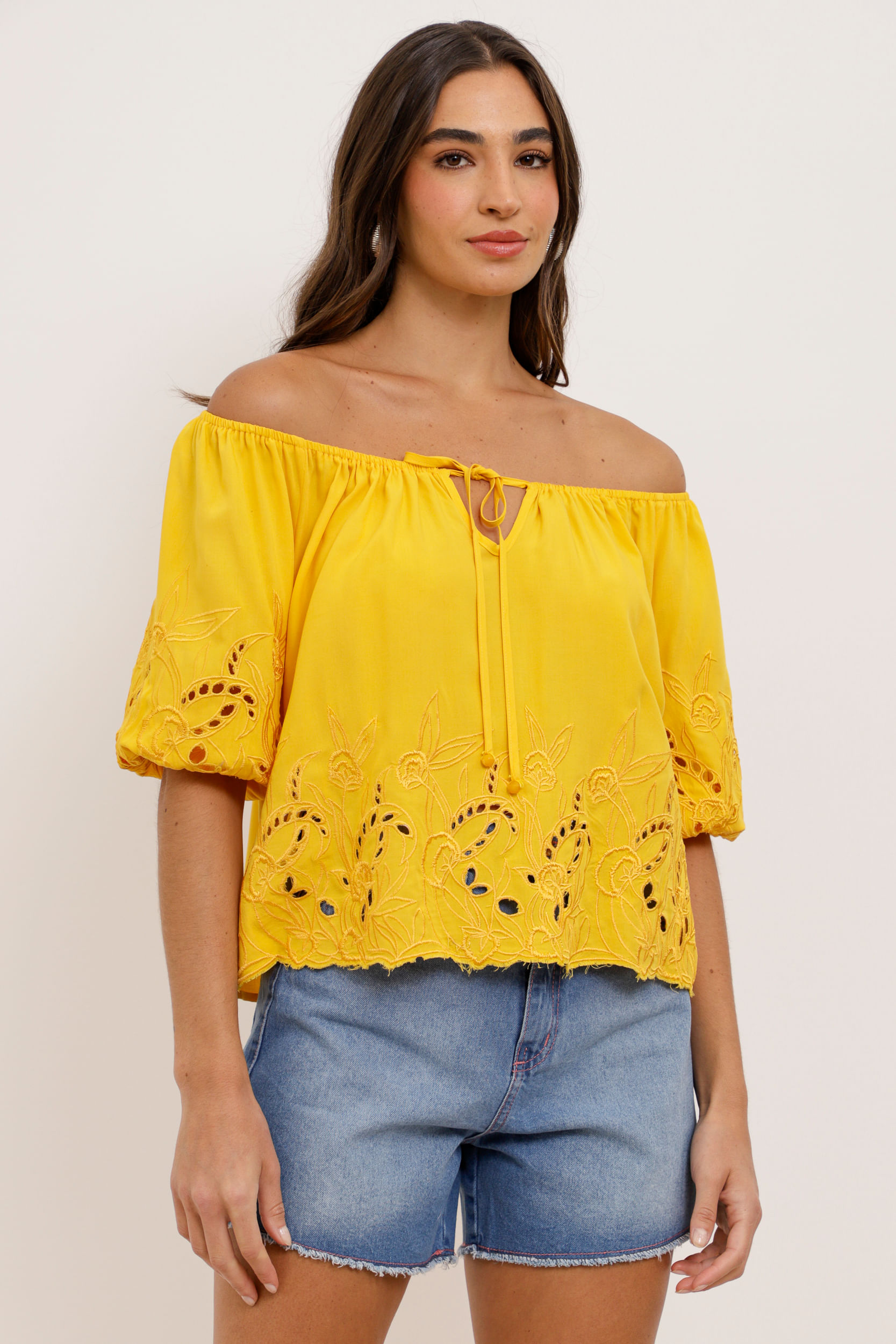 9033786 - Bata Viscose Manga Bordada AMARELO - Imagem 1