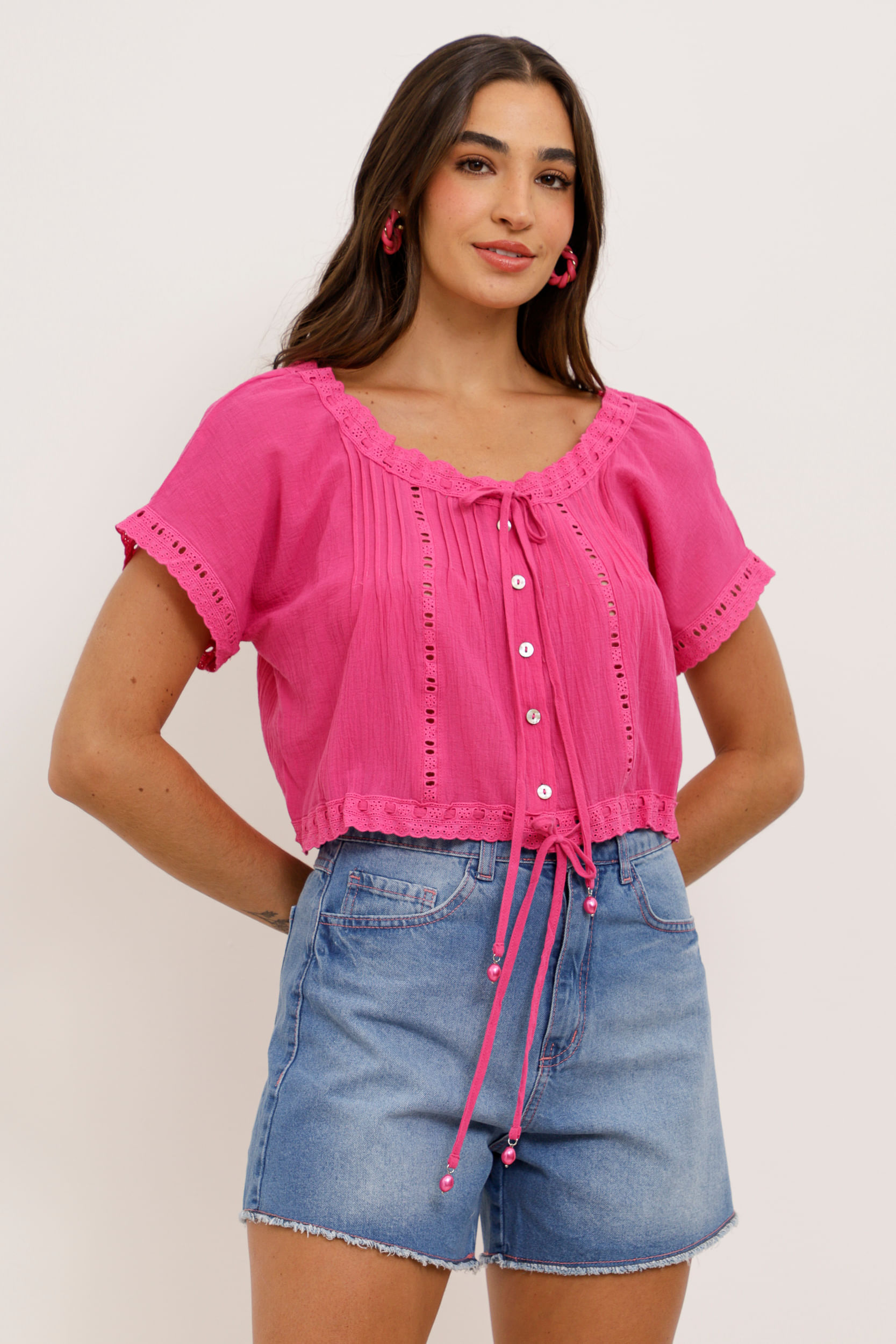 9033817 - Blusa Ombro a Ombro Boho Rendinha PINK