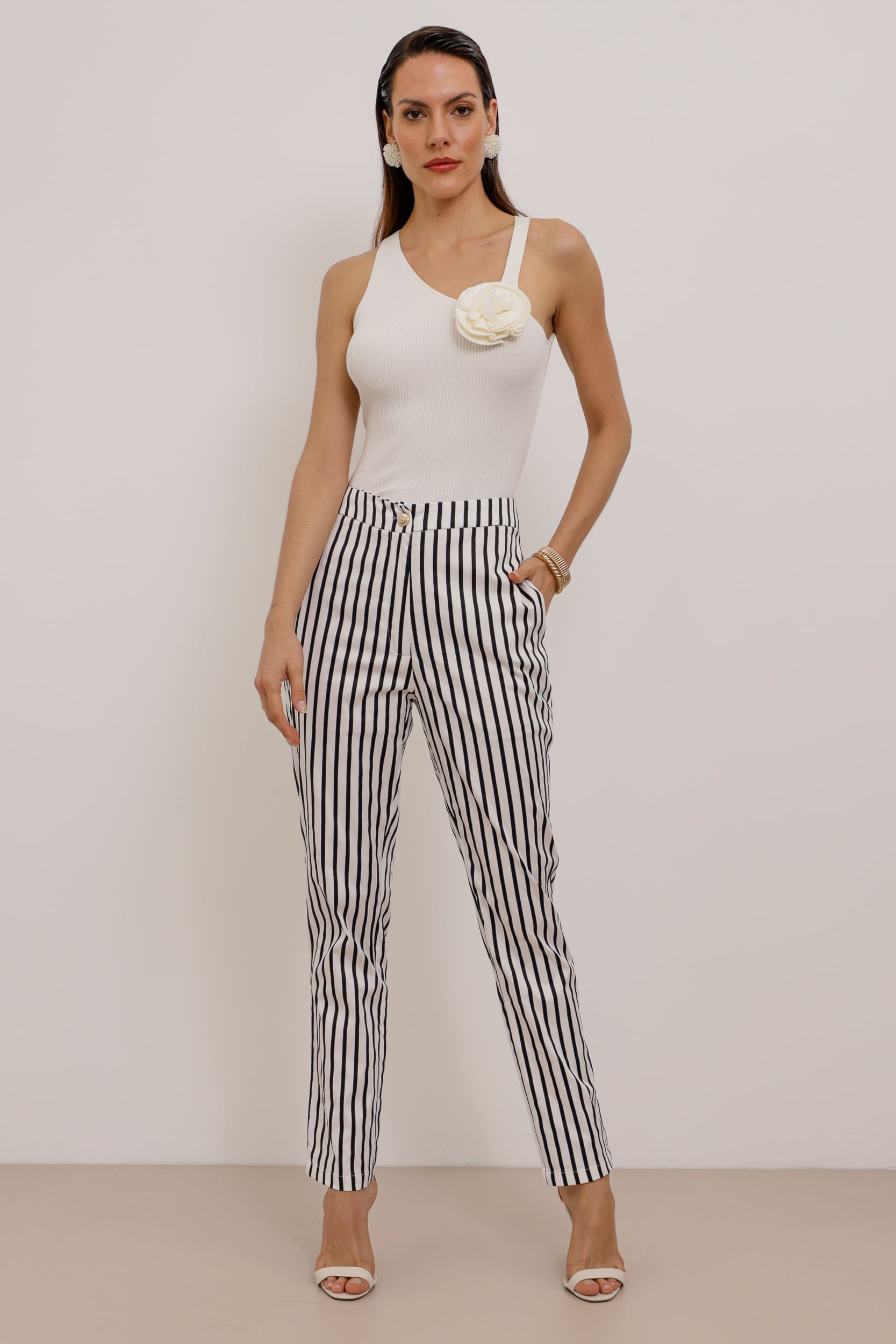 Calça Bengaline Listras  OFF-WHITE