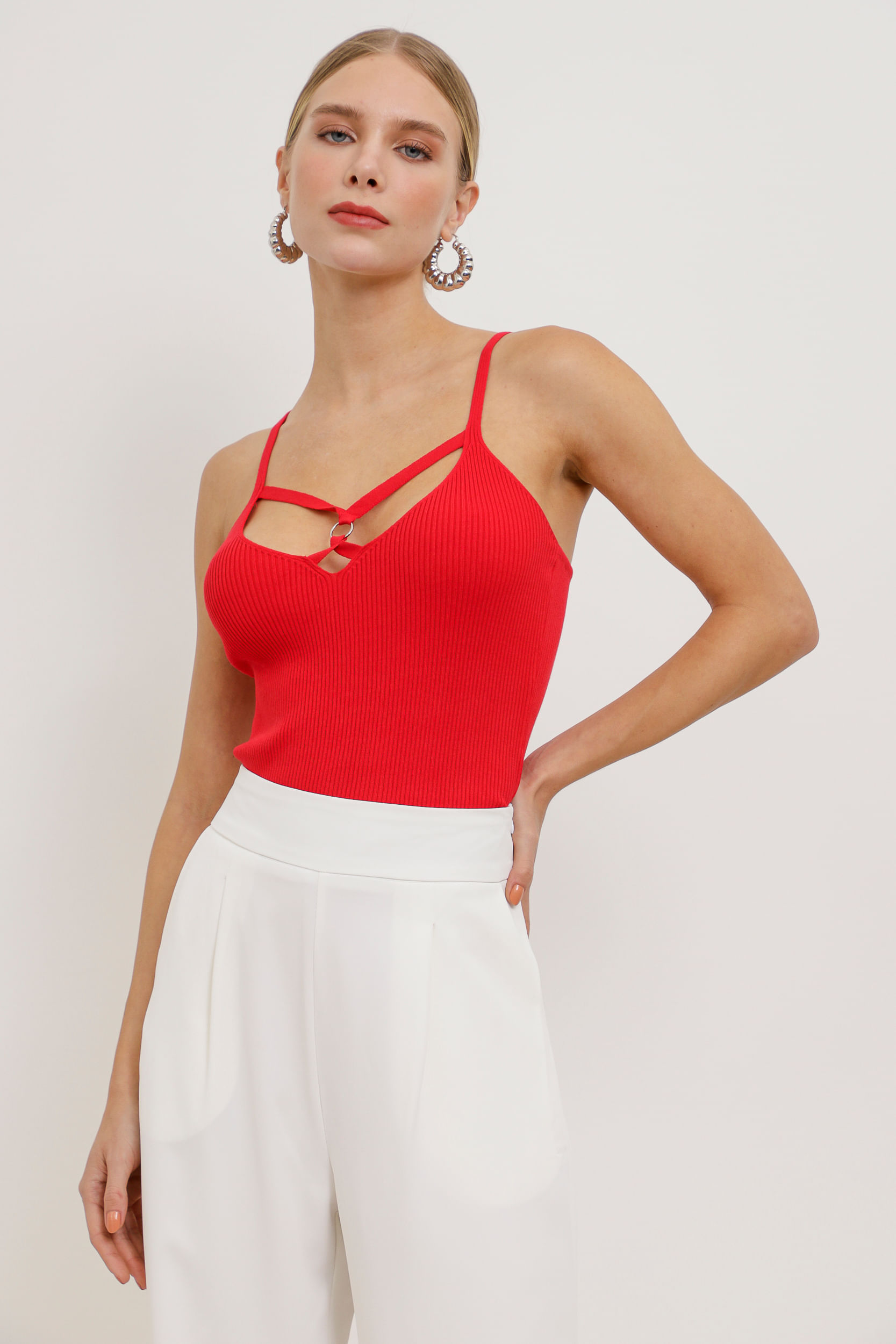 Regata Tricot Tiras Decote VERMELHO