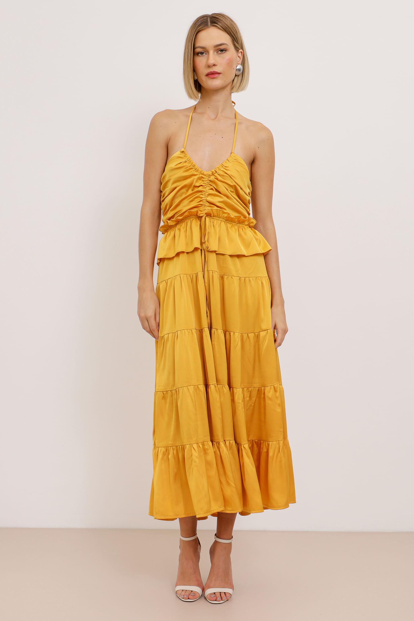 9033791 - Vestido Mídi Acetinado Drapê AMARELO
