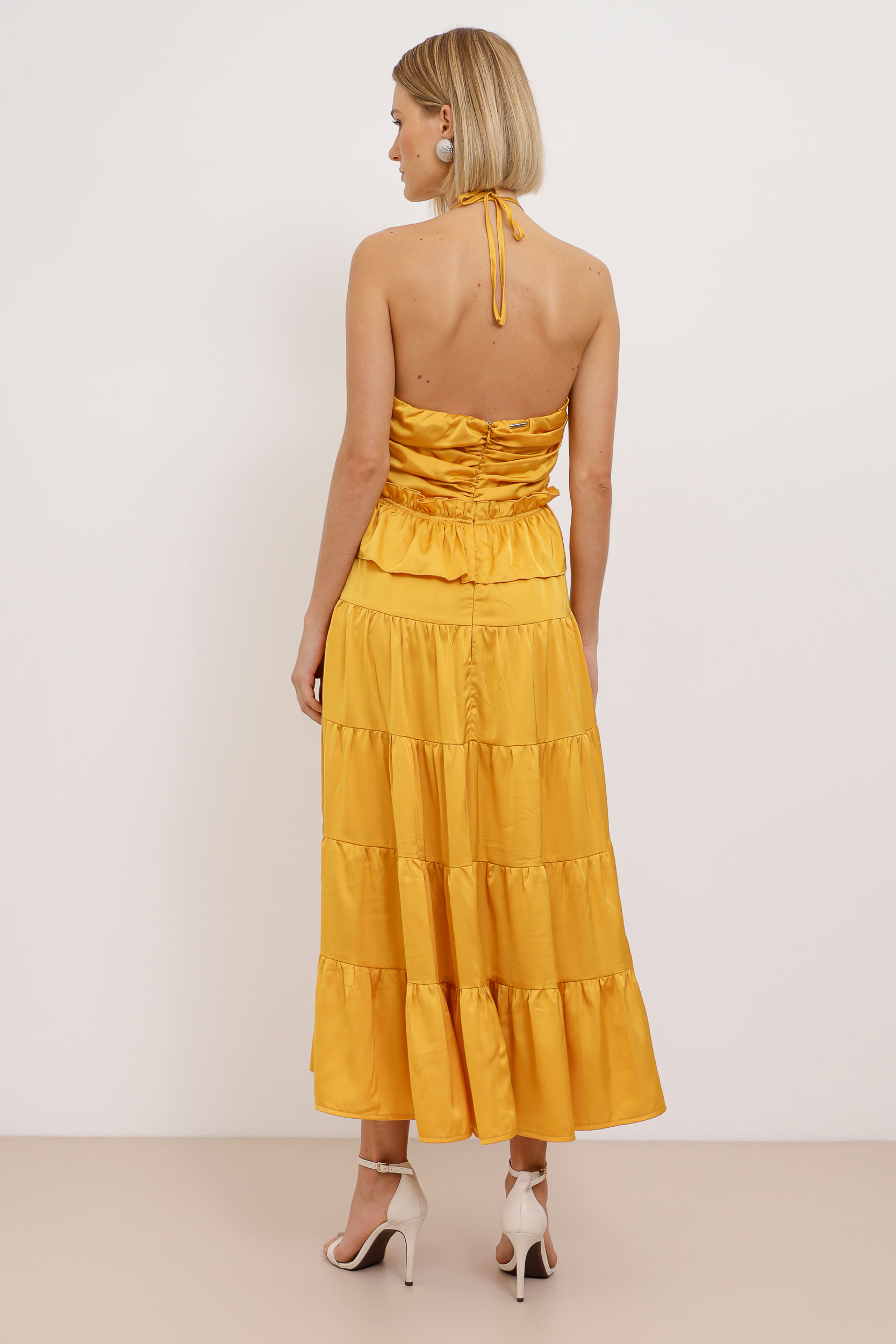 9033791 - Vestido Mídi Acetinado Drapê AMARELO