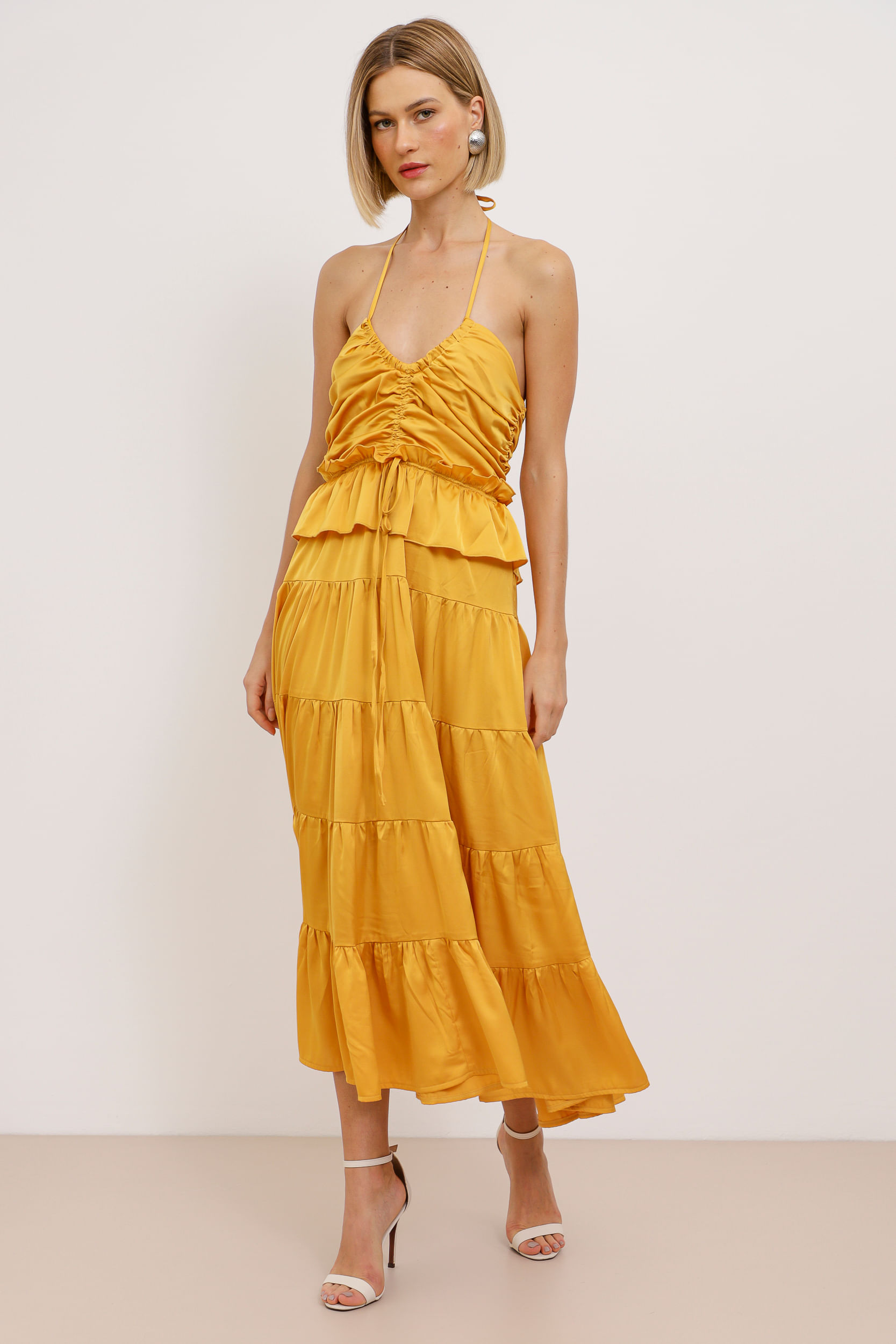 9033791 - Vestido Mídi Acetinado Drapê AMARELO