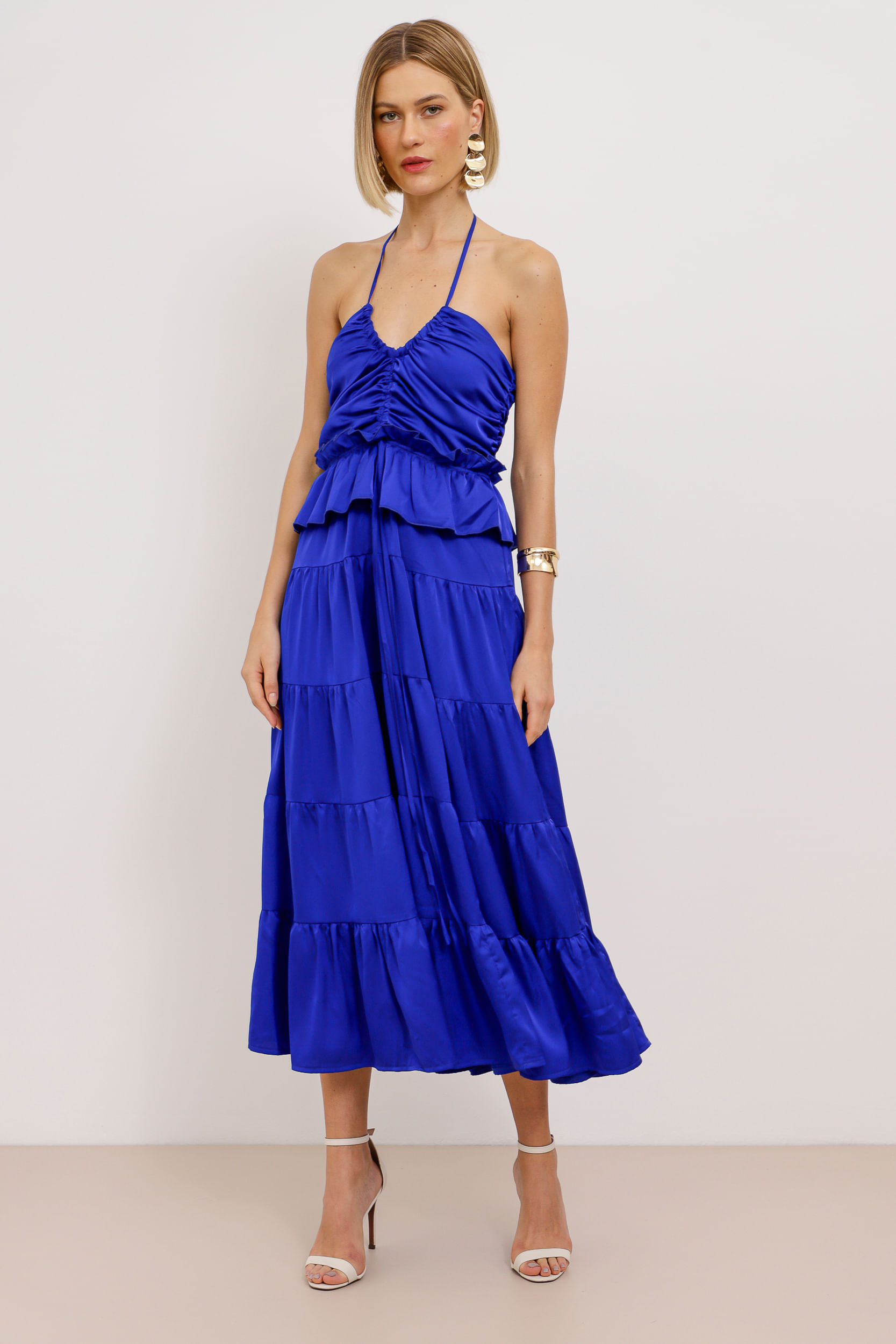 9033791 - Vestido Mídi Acetinado Drapê AZUL