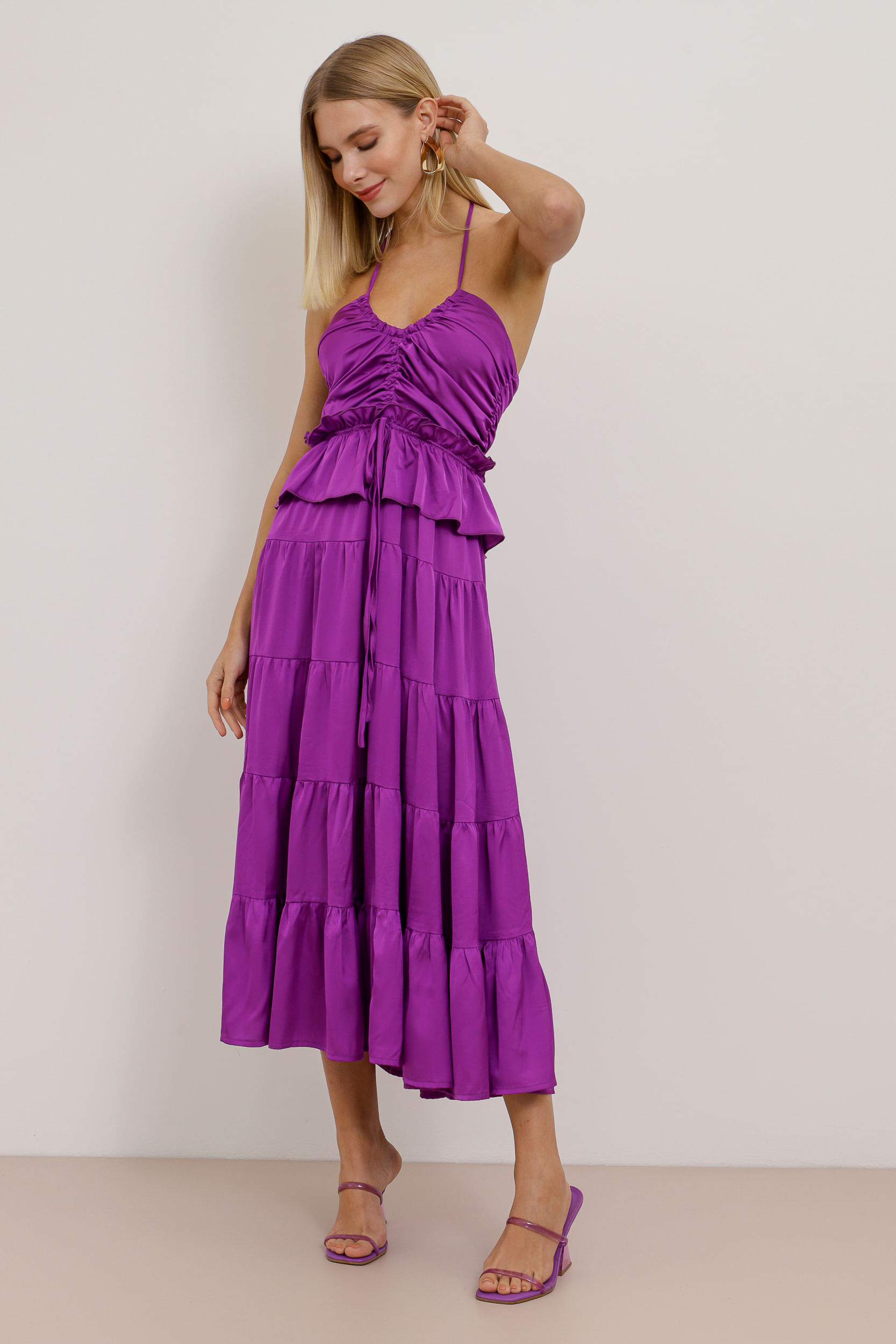 9033791 - Vestido Mídi Acetinado Drapê ROXO 