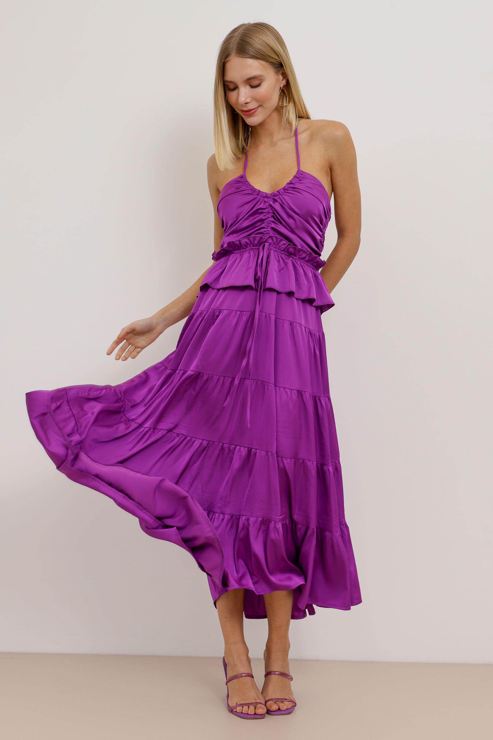 9033791 - Vestido Mídi Acetinado Drapê ROXO 
