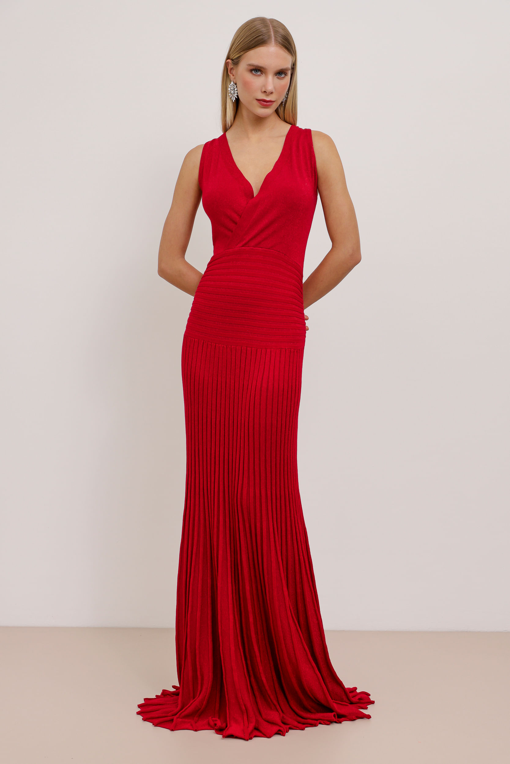 9033032 - Vestido Longo Tricot Saia Plissada  VERMELHO