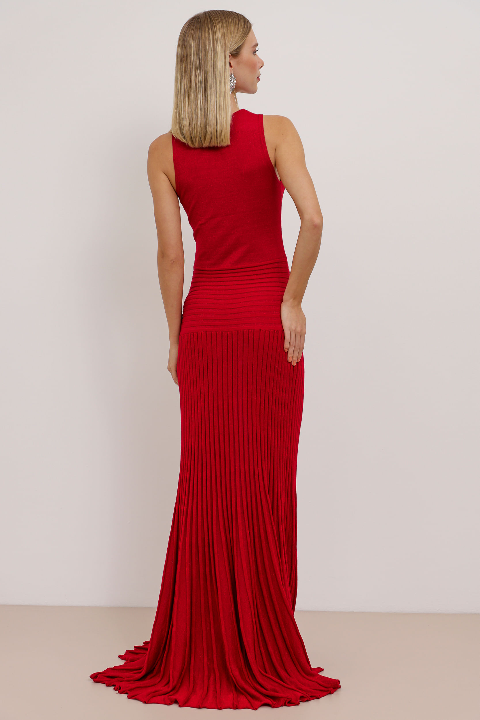 9033032 - Vestido Longo Tricot Saia Plissada  VERMELHO