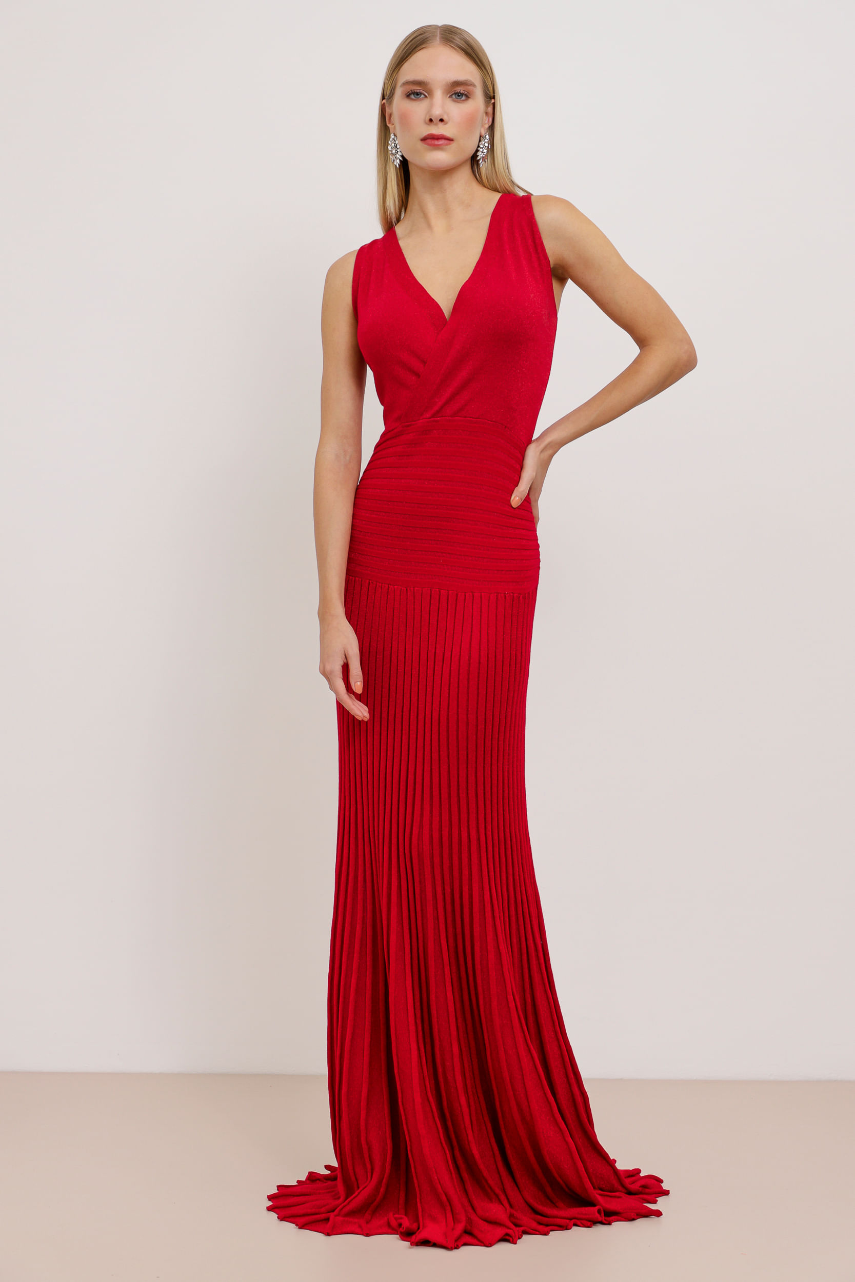 9033032 - Vestido Longo Tricot Saia Plissada  VERMELHO