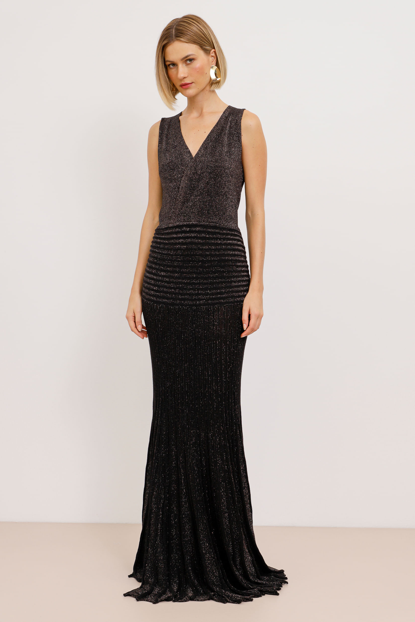 9033032 - Vestido Longo Tricot Saia Plissada  PRETO