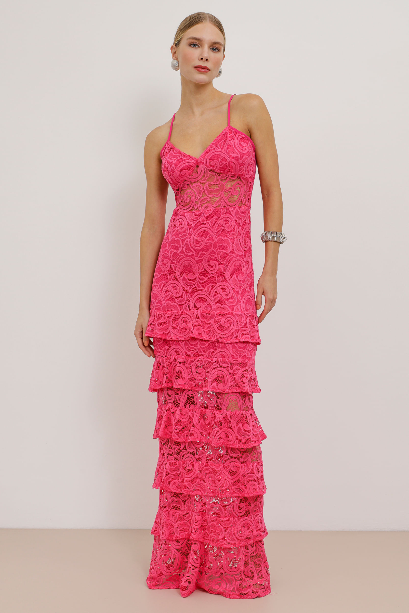 9033826 - Vestido Longo Renda Saia Camadas PINK