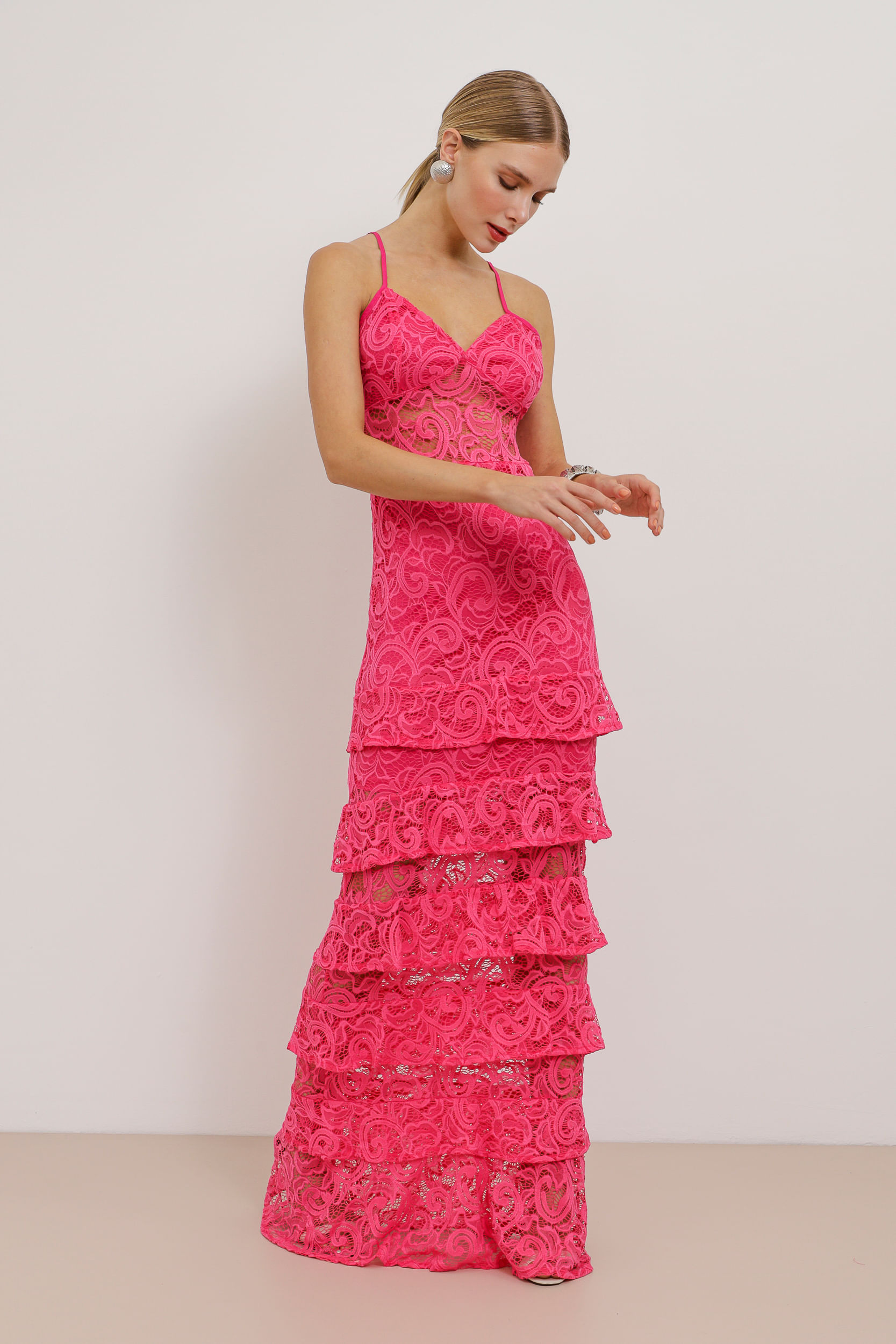 9033826 - Vestido Longo Renda Saia Camadas PINK
