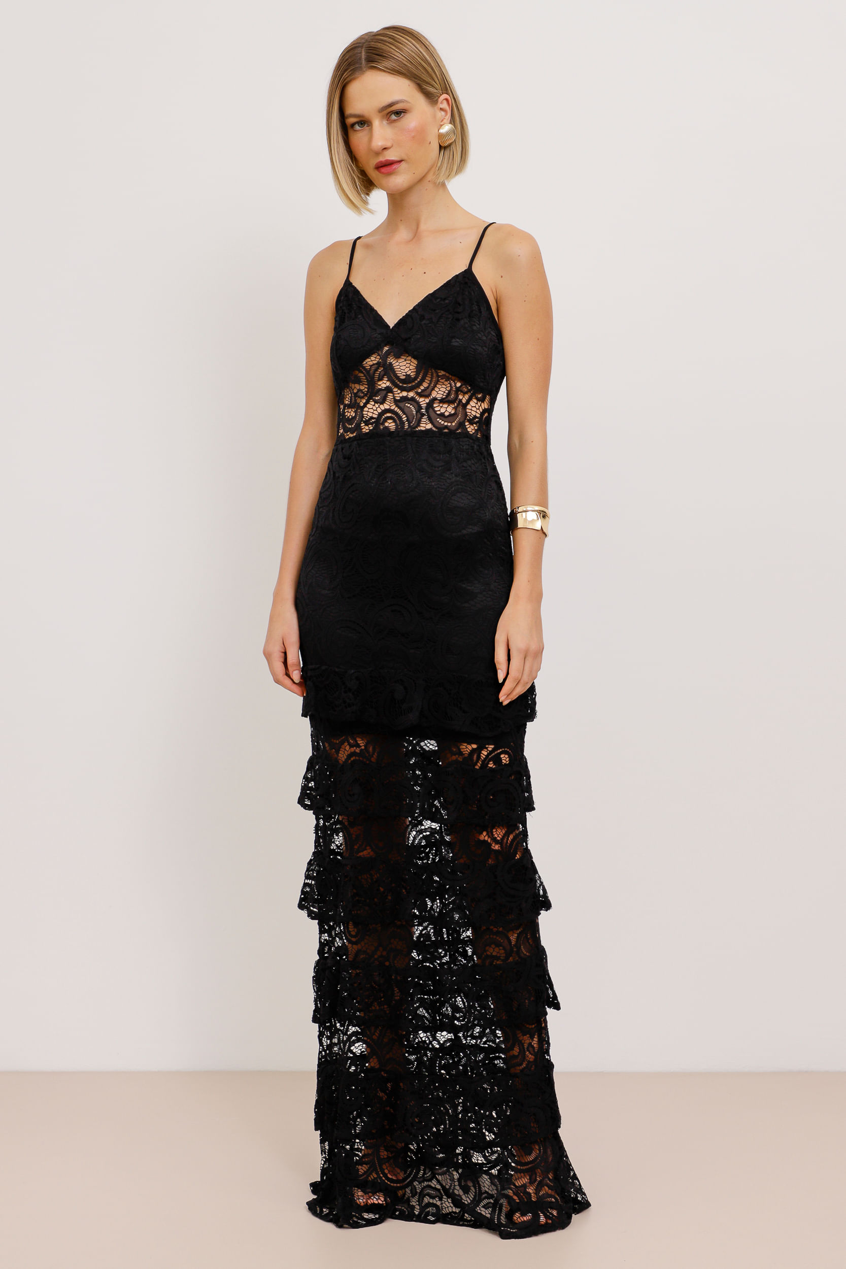 9033826 - Vestido Longo Renda Saia Camadas PRETO