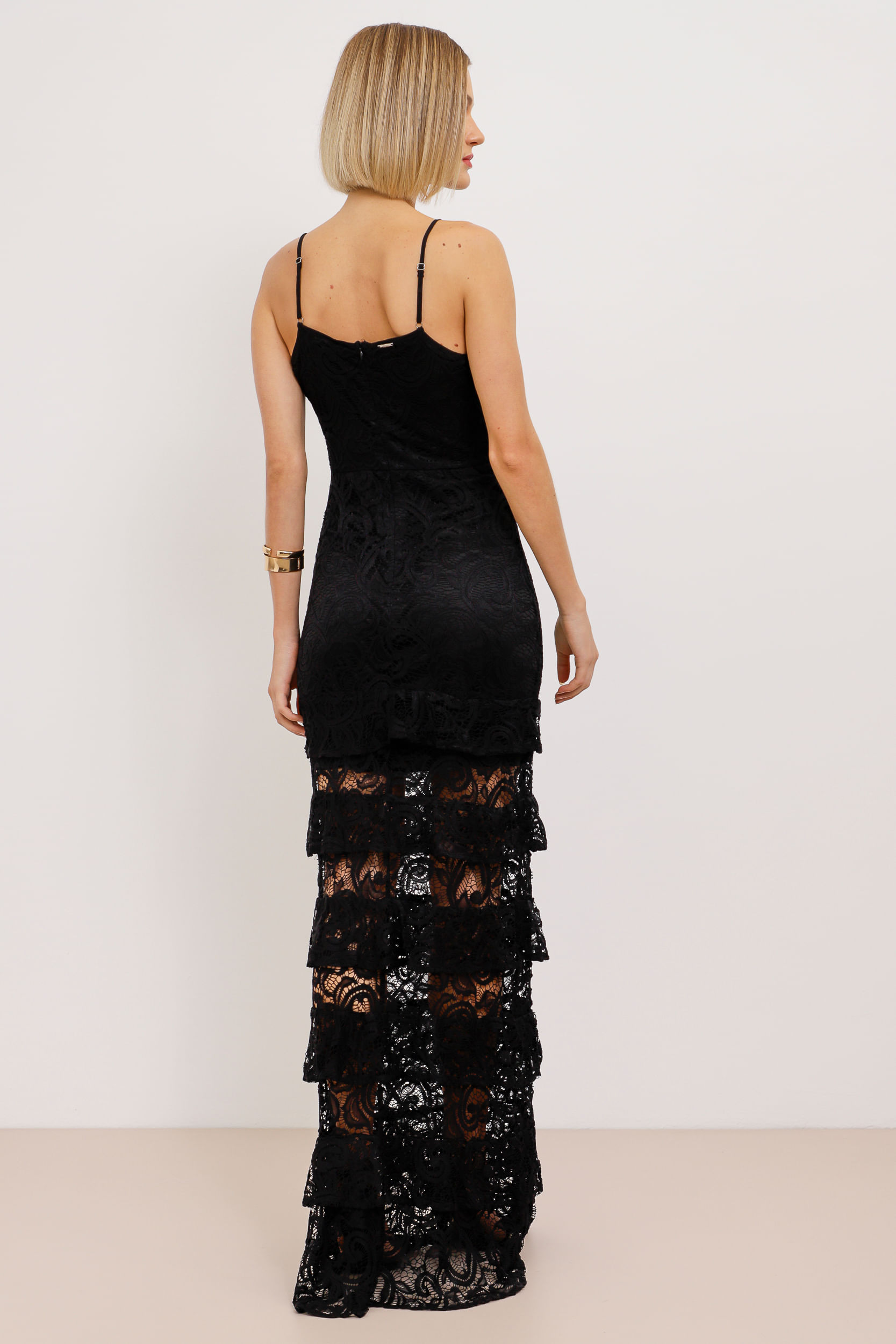 9033826 - Vestido Longo Renda Saia Camadas PRETO