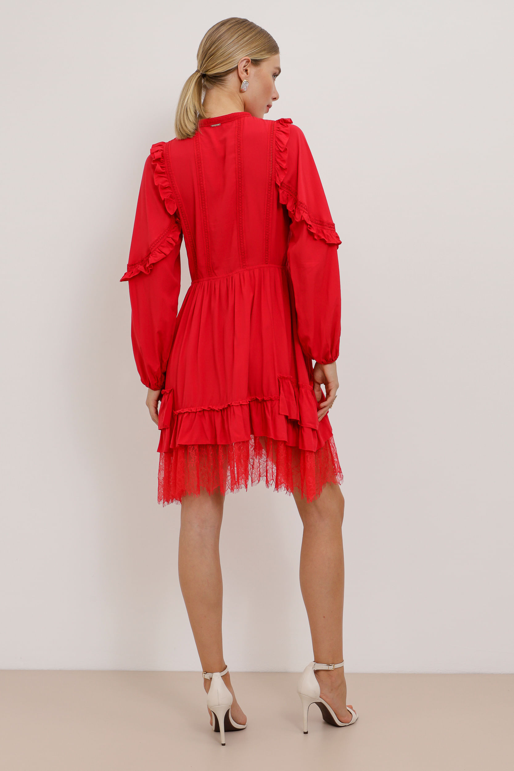 9034532 - Vestido Curto Boho Viscose com Renda  VERMELHO