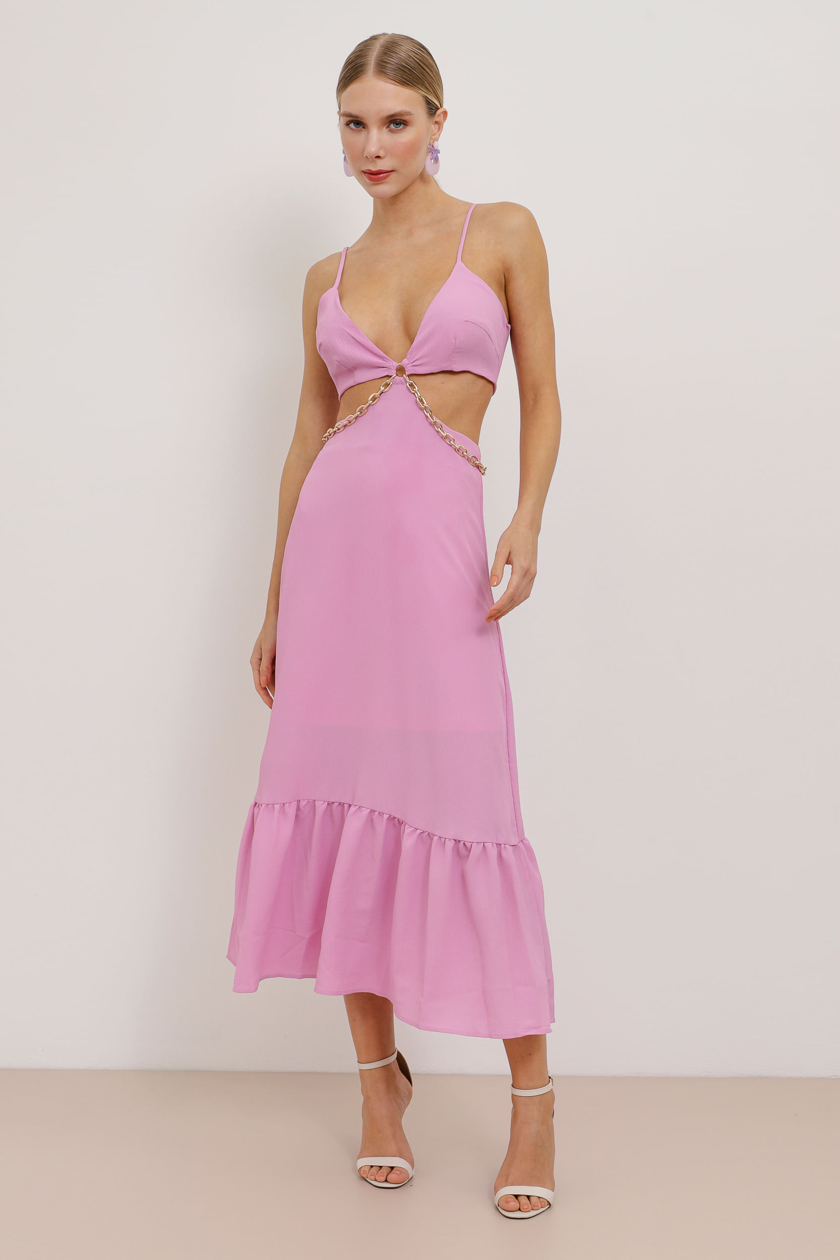 9033790 - Vestido Longuete Crepe Cut Out Com Correntes  ROSA