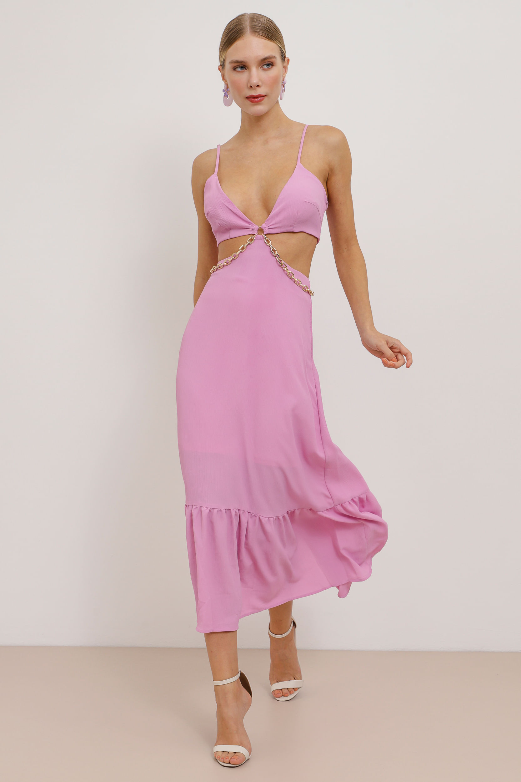 9033790 - Vestido Longuete Crepe Cut Out Com Correntes  ROSA