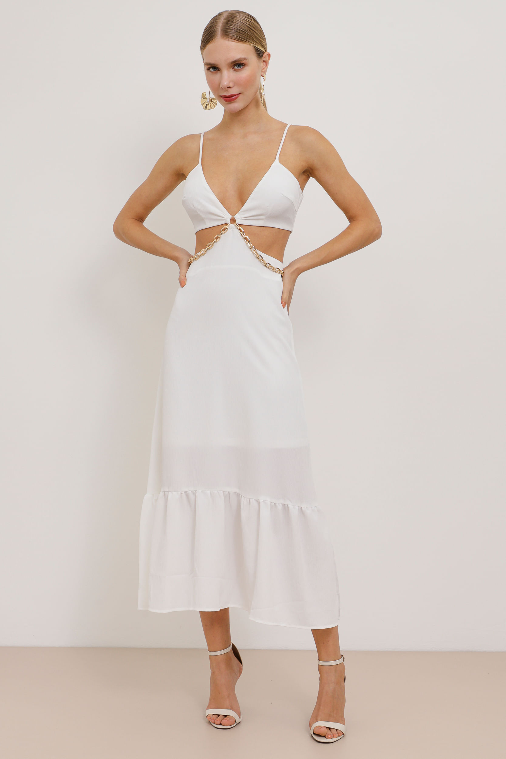 9033790 - Vestido Longuete Crepe Cut Out Com Correntes  OFF-WHITE