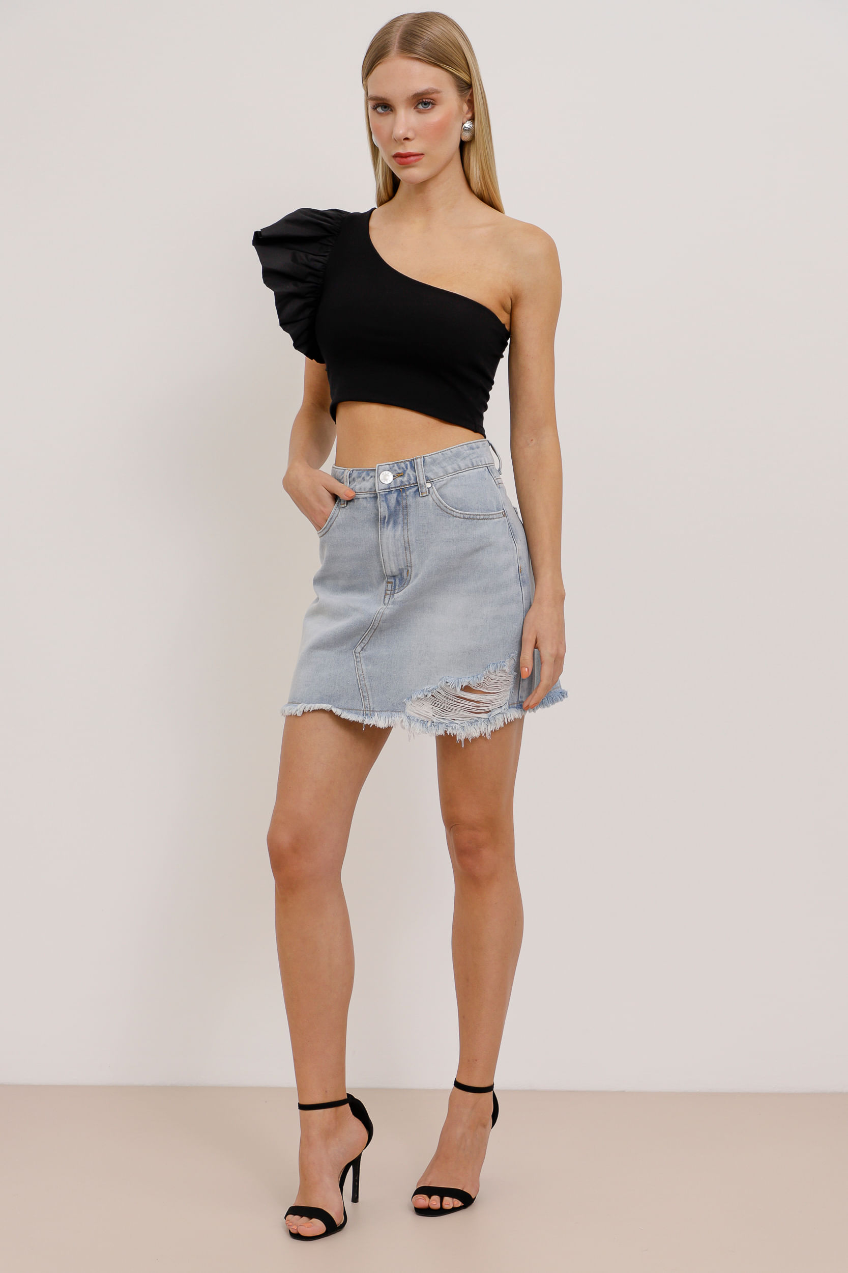 9034689 - Saia Jeans Curta Destroyed Frontal AZUL CLARO 