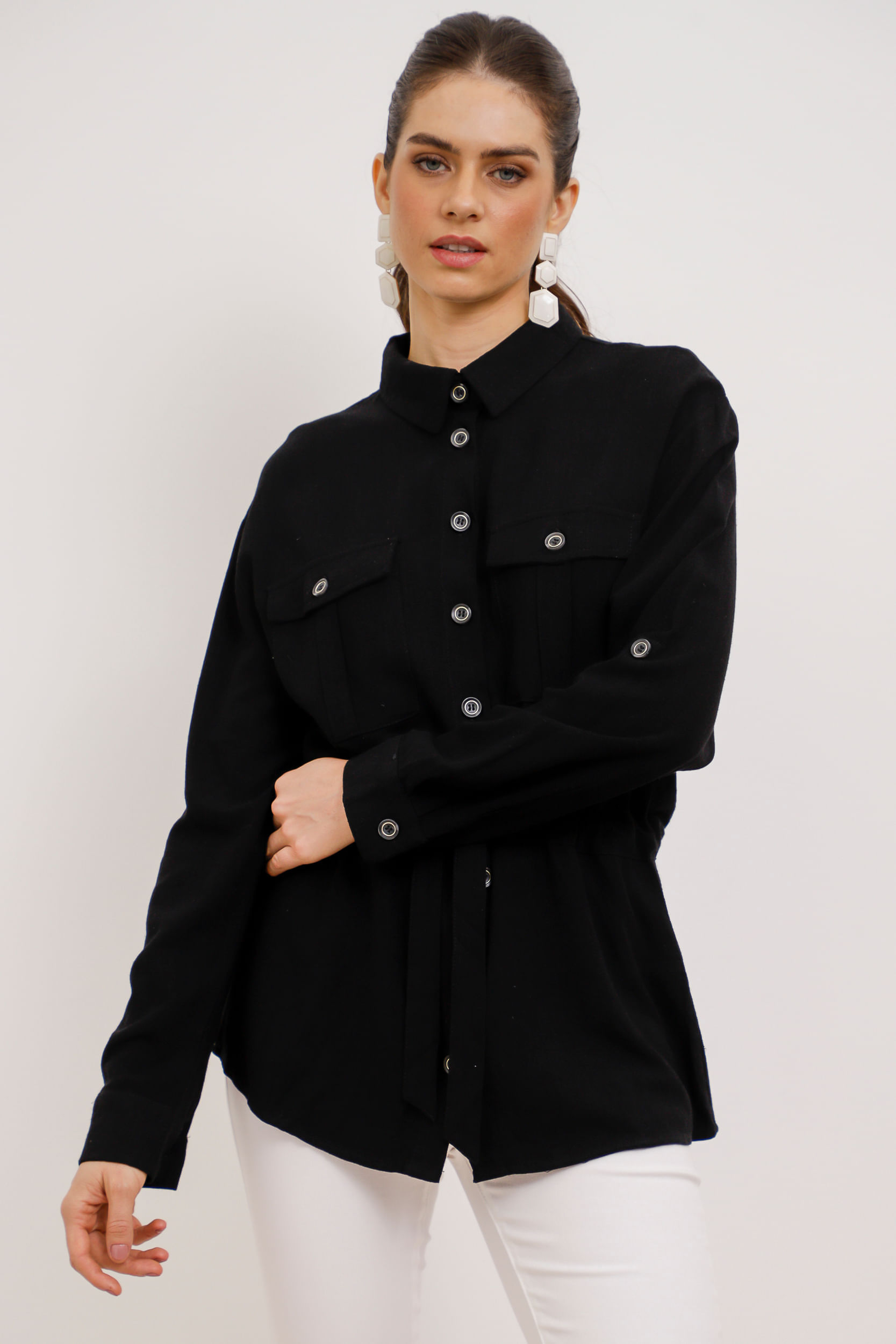 Camisa Viscolinho Alongada PRETO Camisa Viscolinho Alongada PRETO