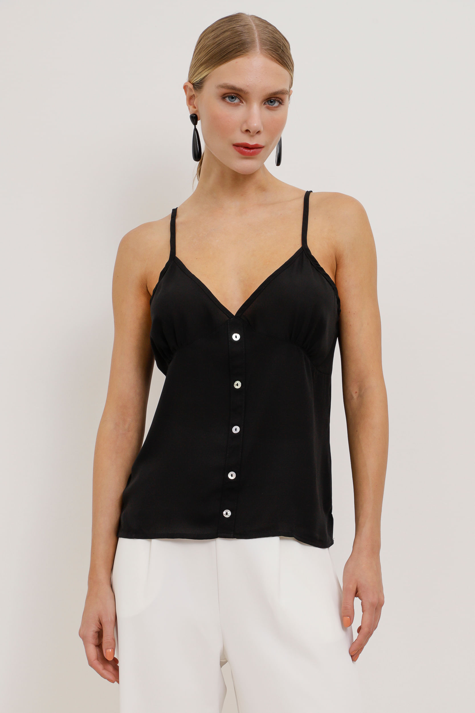 Regata Alcinha Georgette Detalhe Botões   PRETO