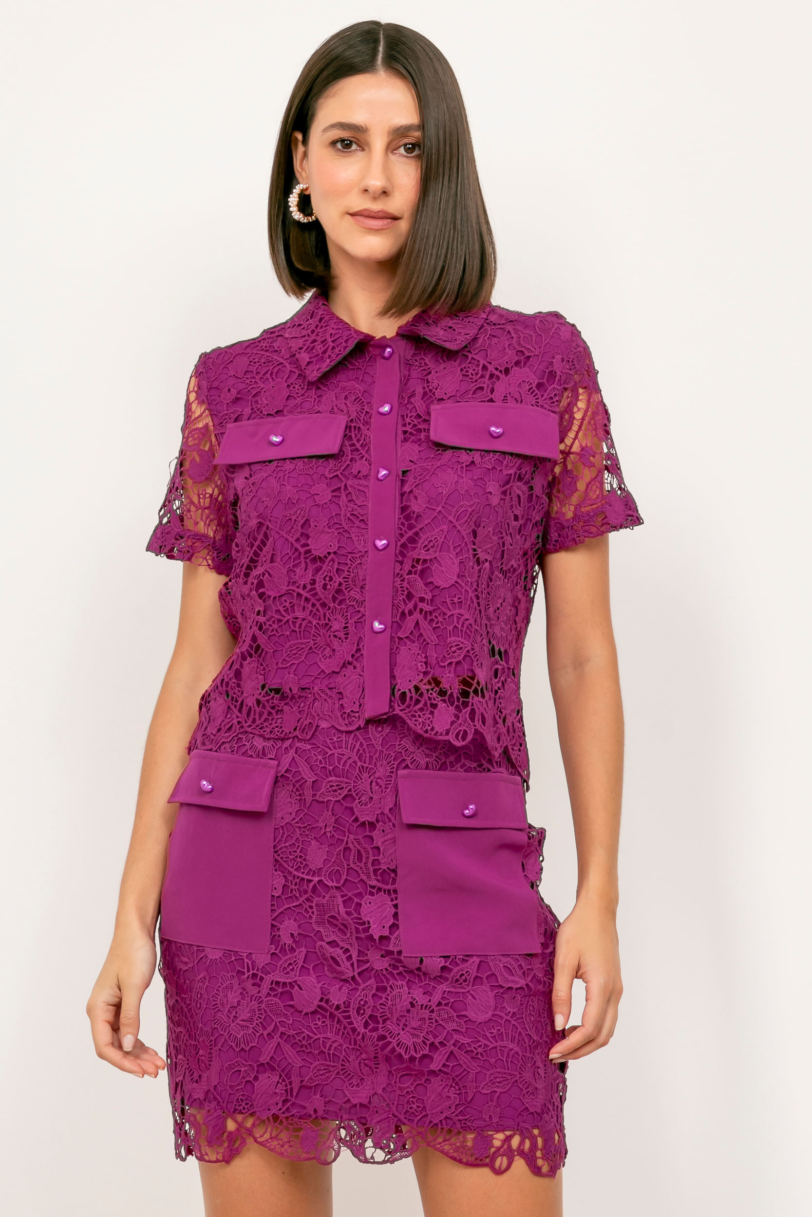 Camisa Guipure Manga Curta  ROXO 