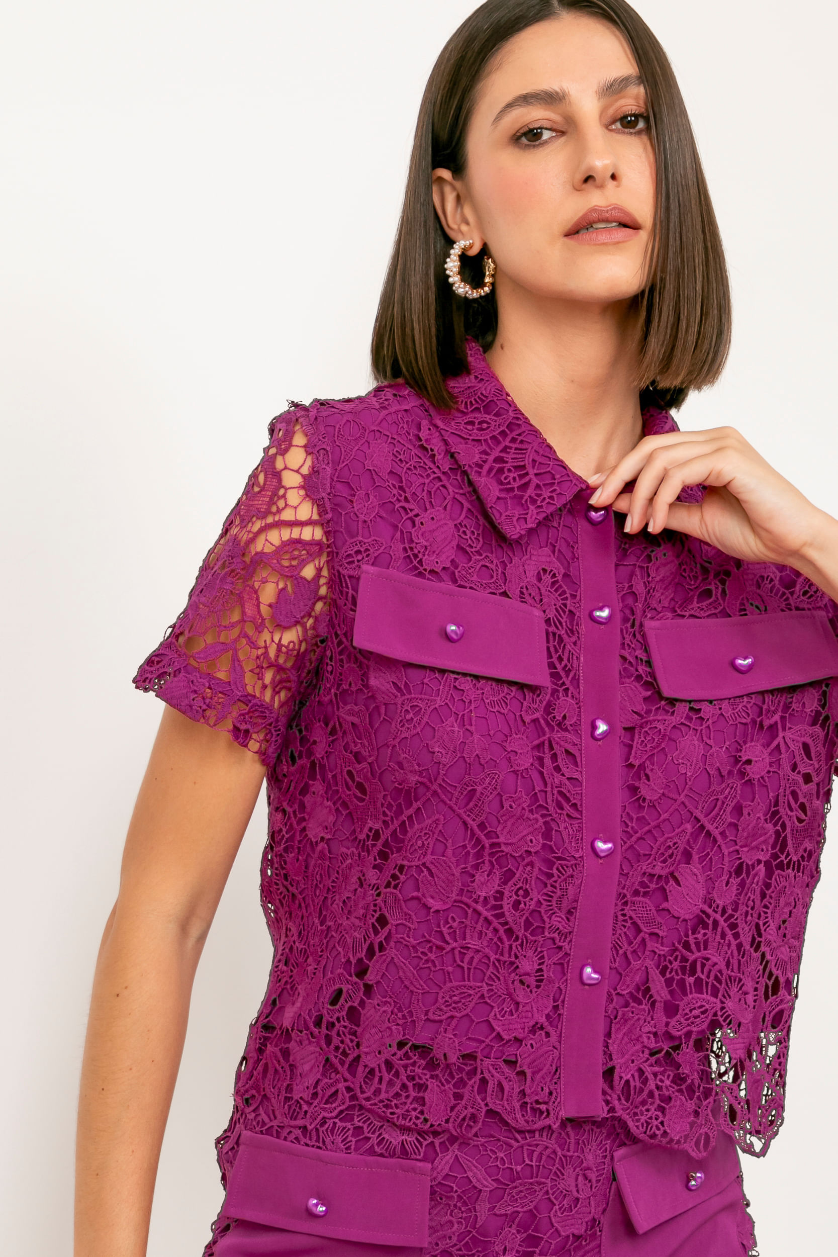 Camisa Guipure Manga Curta ROXO Camisa Guipure Manga Curta ROXO