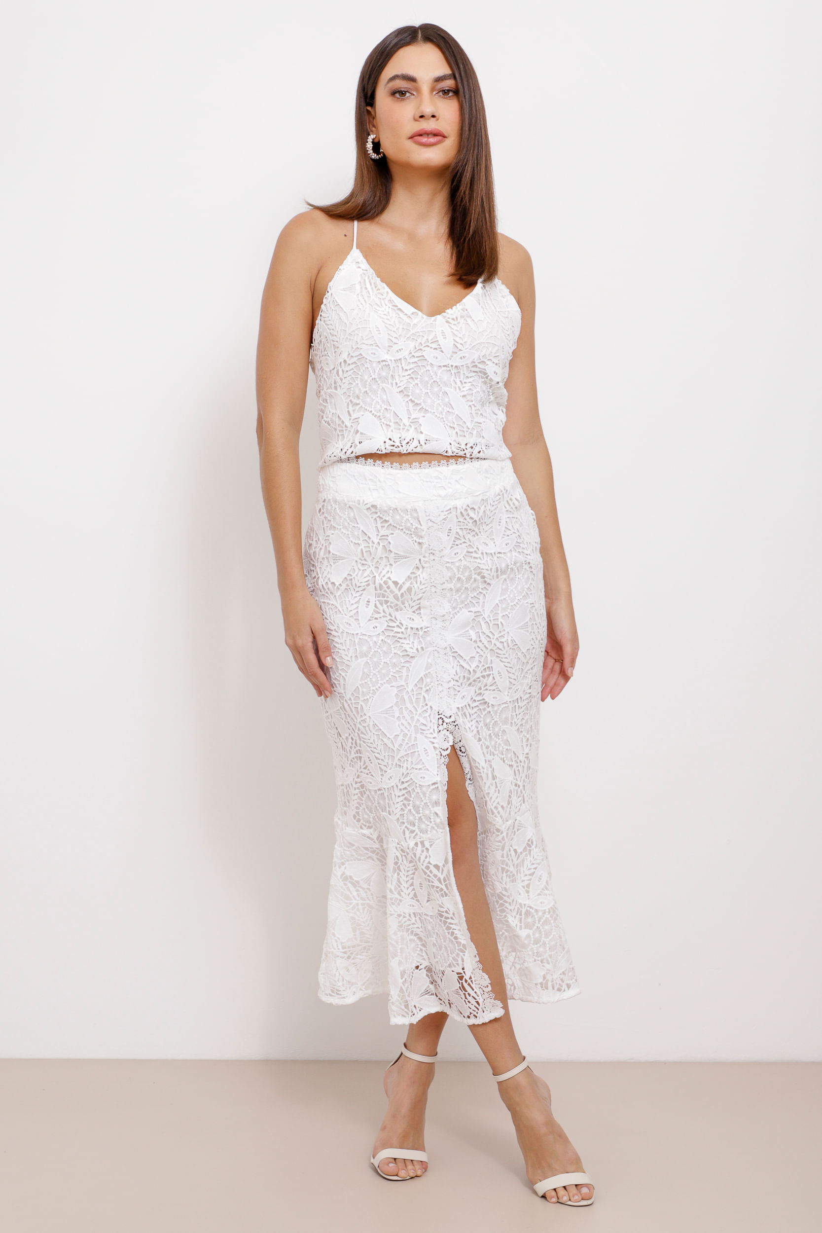 Saia Mídi Guipure Sereia Com Fenda  OFF-WHITE