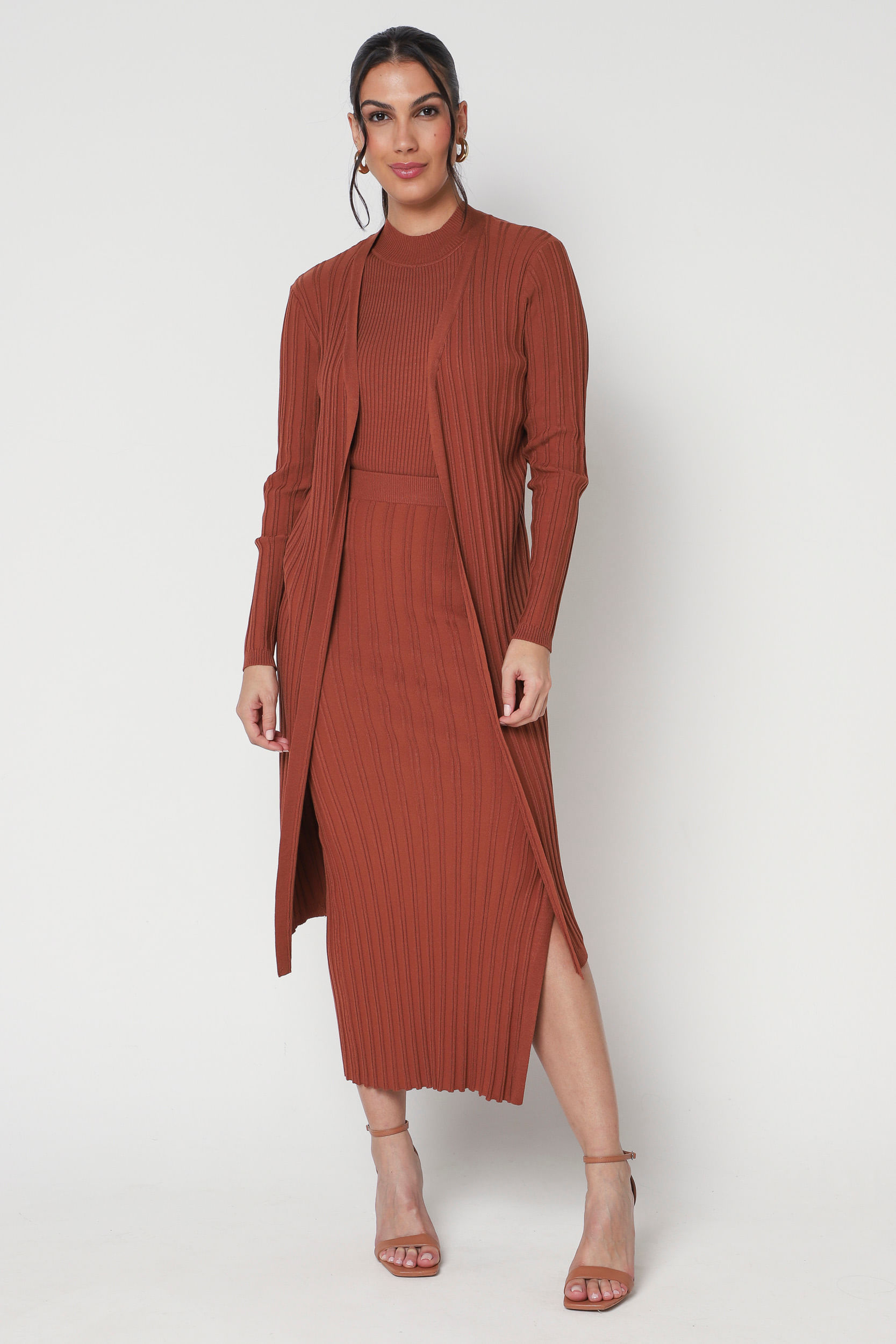 9034889 - Cardigan Longo Tricot Modal  MARROM