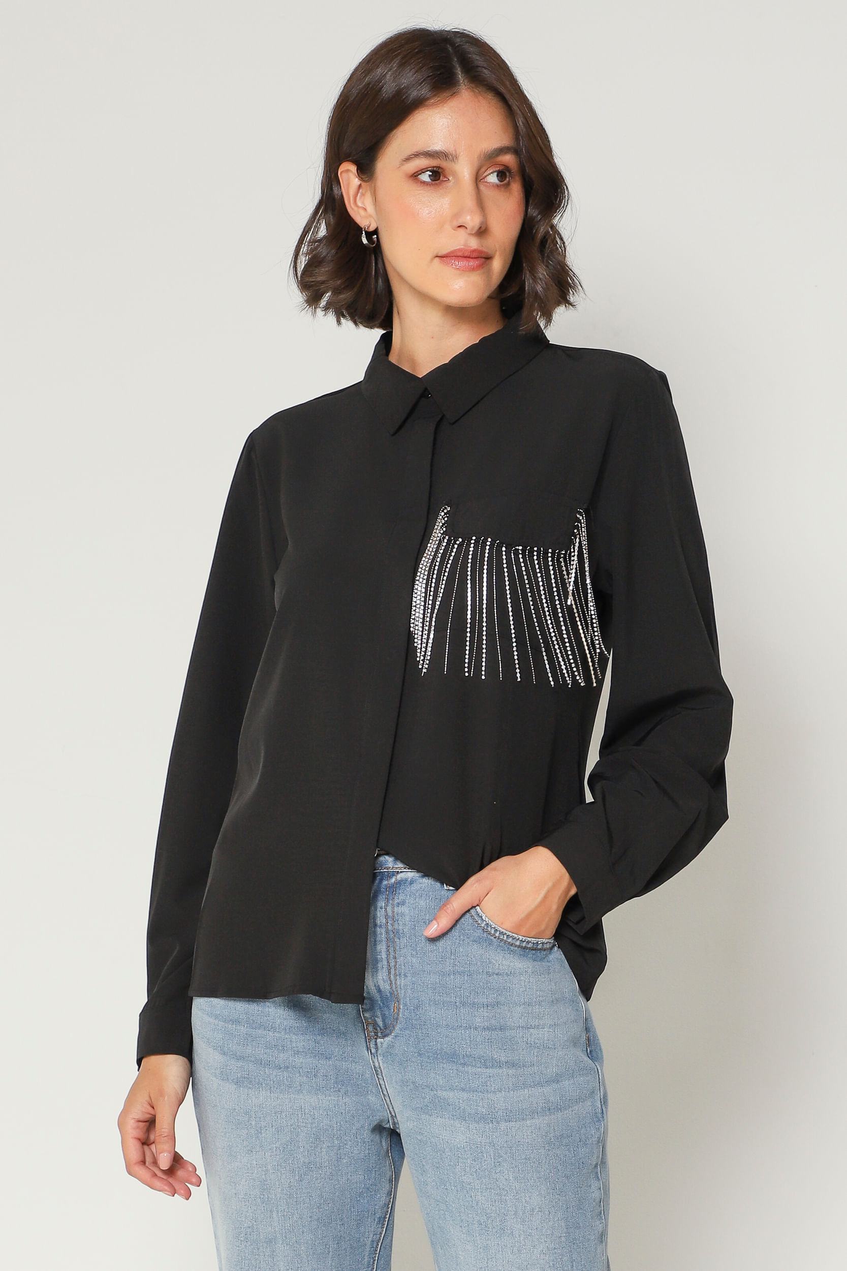 Camisa Bolso Franja Brilho  PRETO