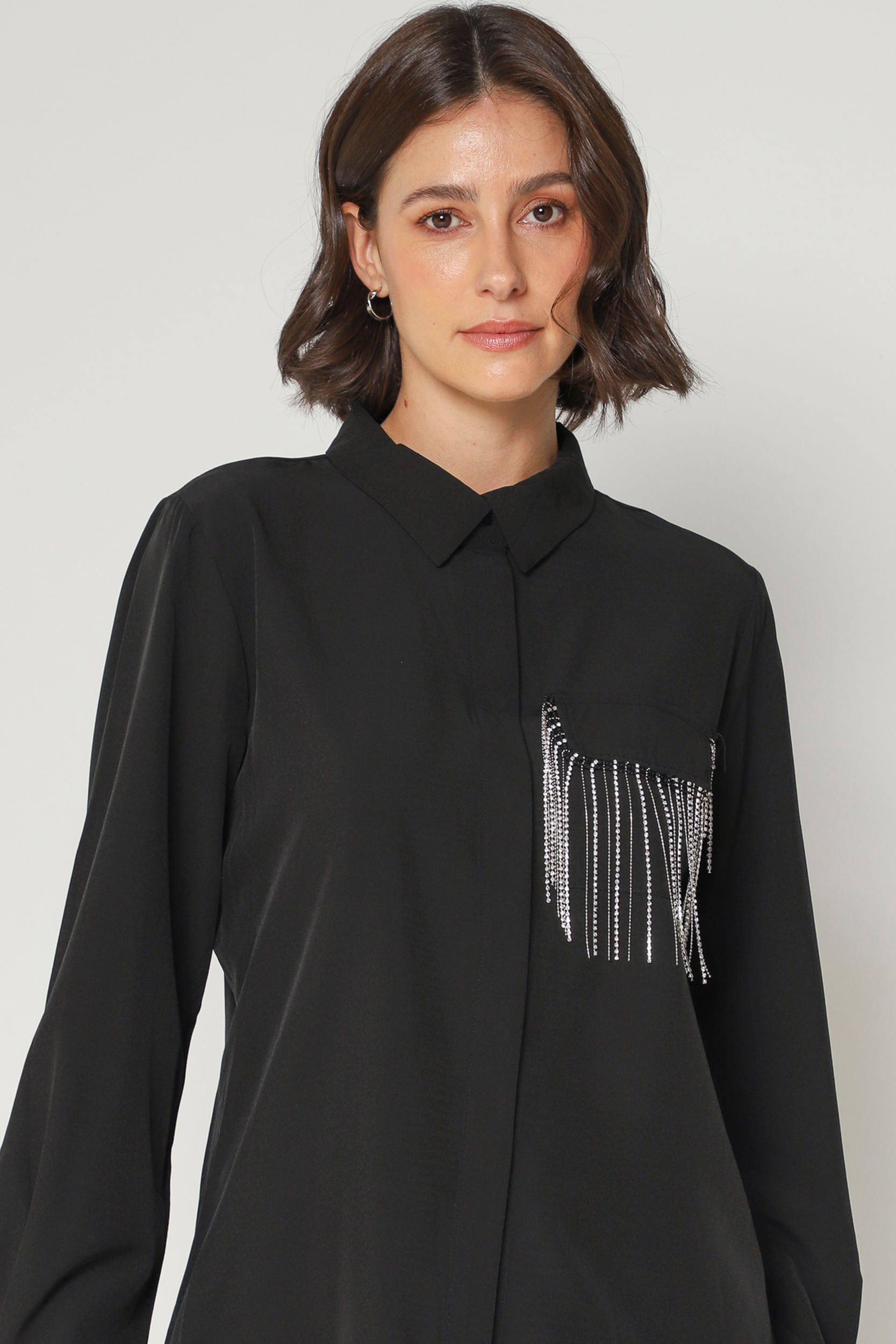 Camisa Bolso Franja Brilho PRETO Camisa Bolso Franja Brilho PRETO