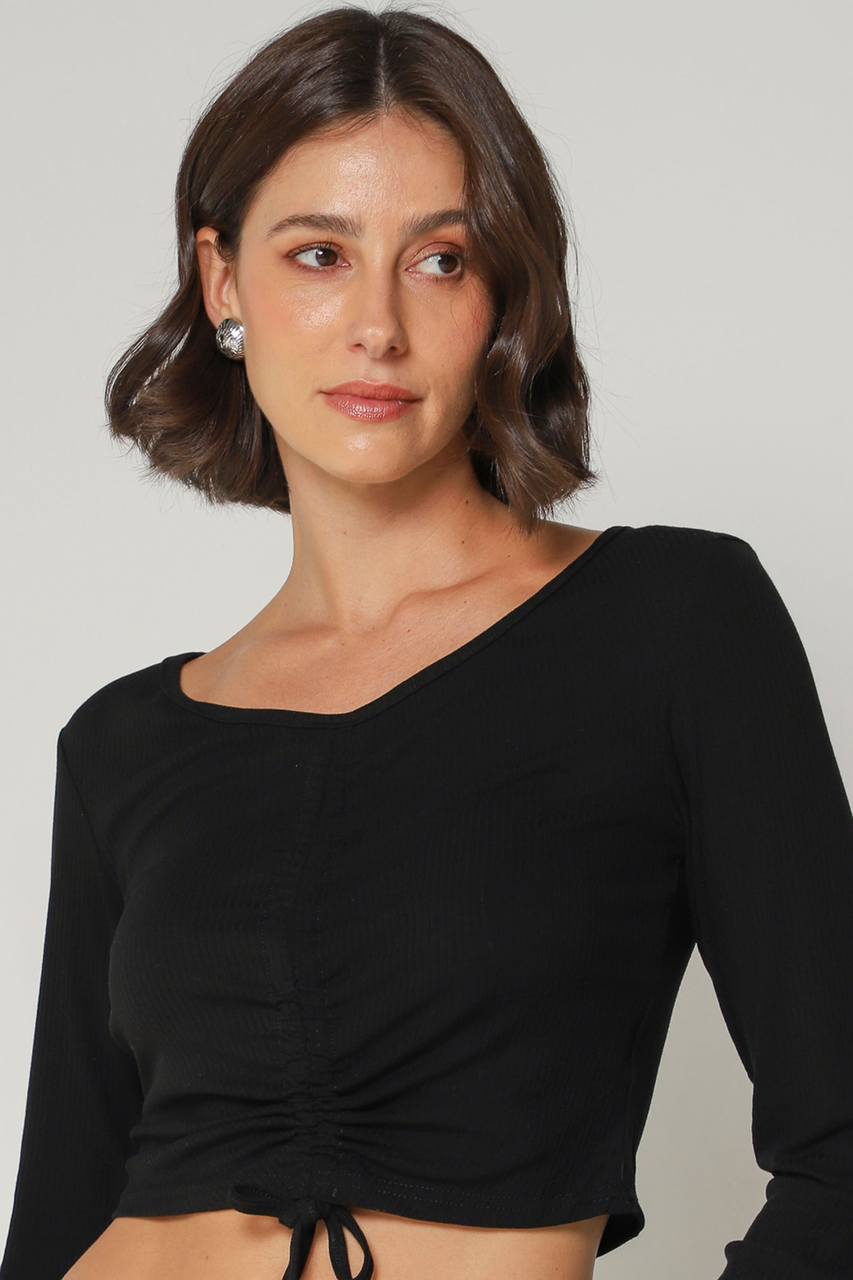 9034258 - Blusa Malha Canelada Franzida PRETO 9034258 - Blusa Malha Canelada Franzida PRETO
