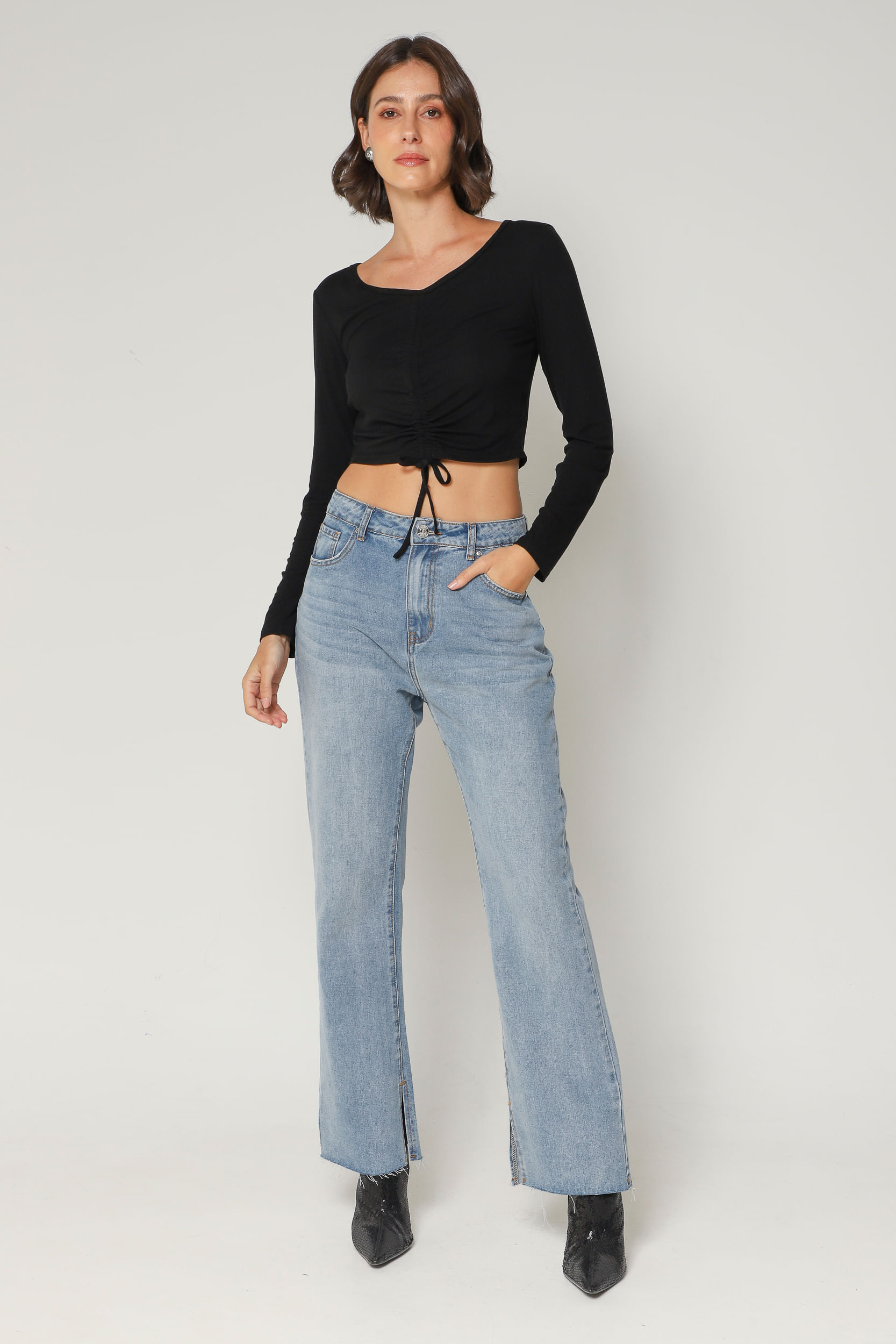 9034258 - Blusa Malha Canelada Franzida PRETO 9034258 - Blusa Malha Canelada Franzida PRETO