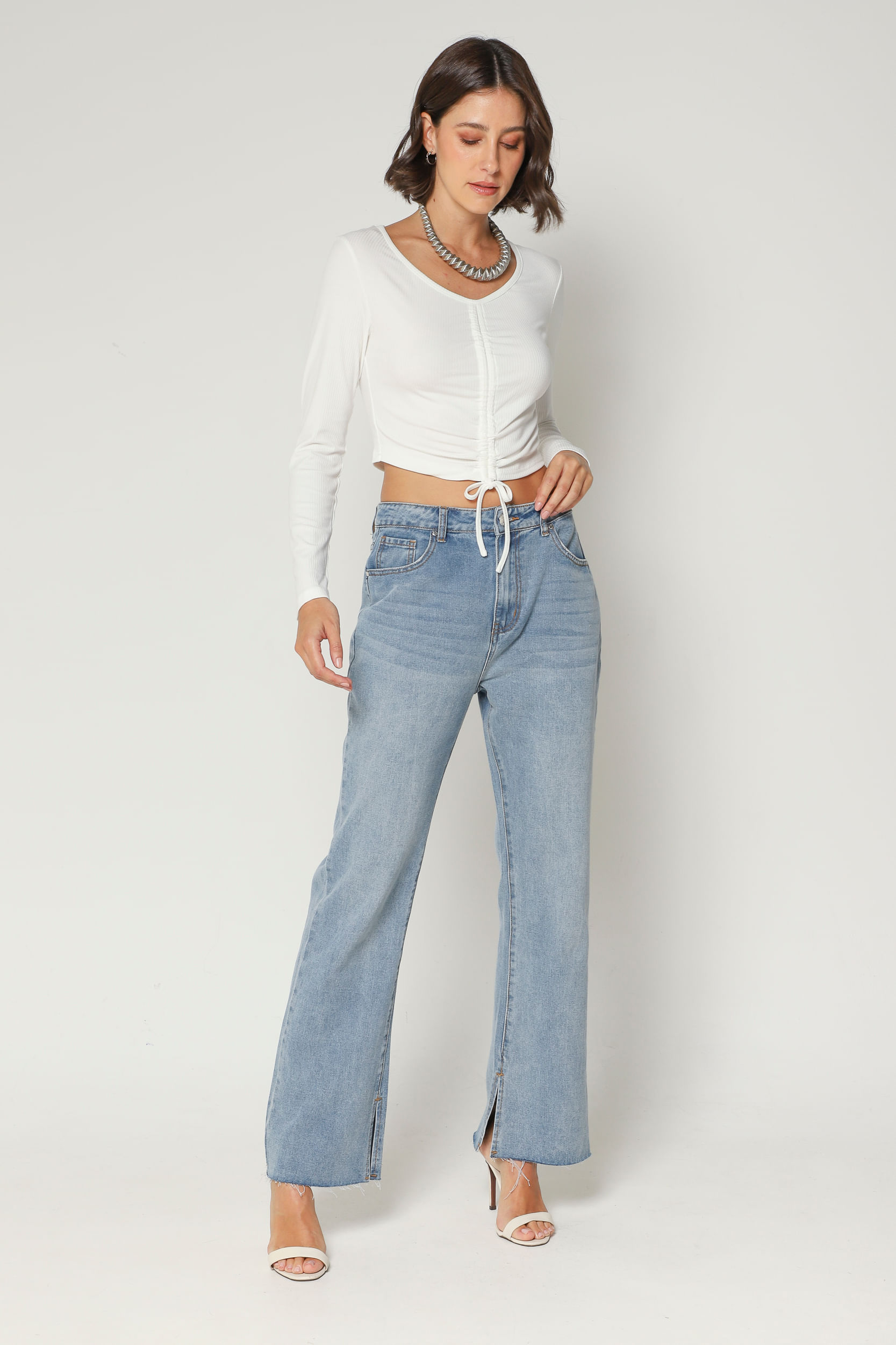 9034258 - Blusa Malha Canelada Franzida OFF-WHITE 9034258 - Blusa Malha Canelada Franzida OFF-WHITE