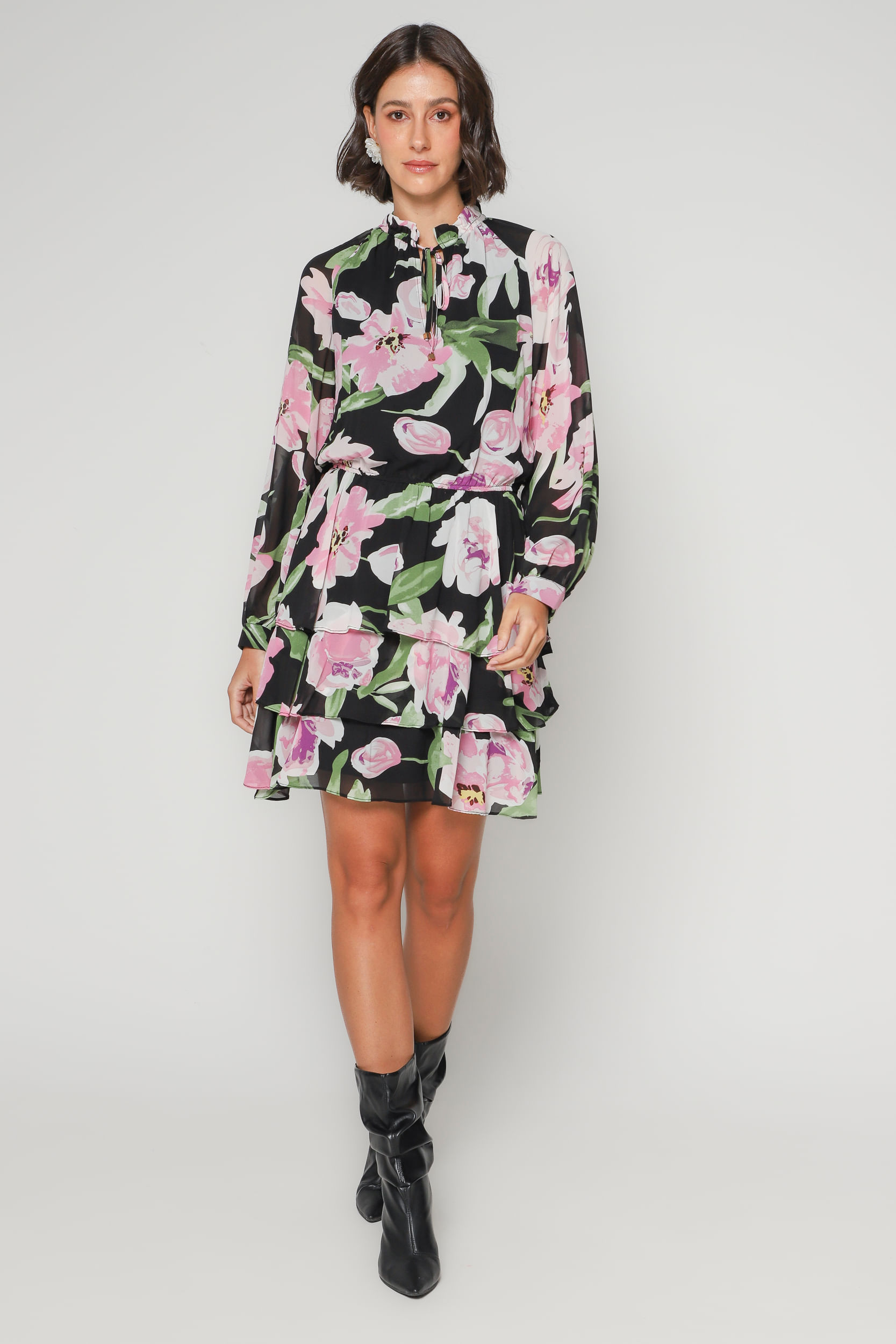 9034917 - Vestido Floral Curto Chiffon   PRETO