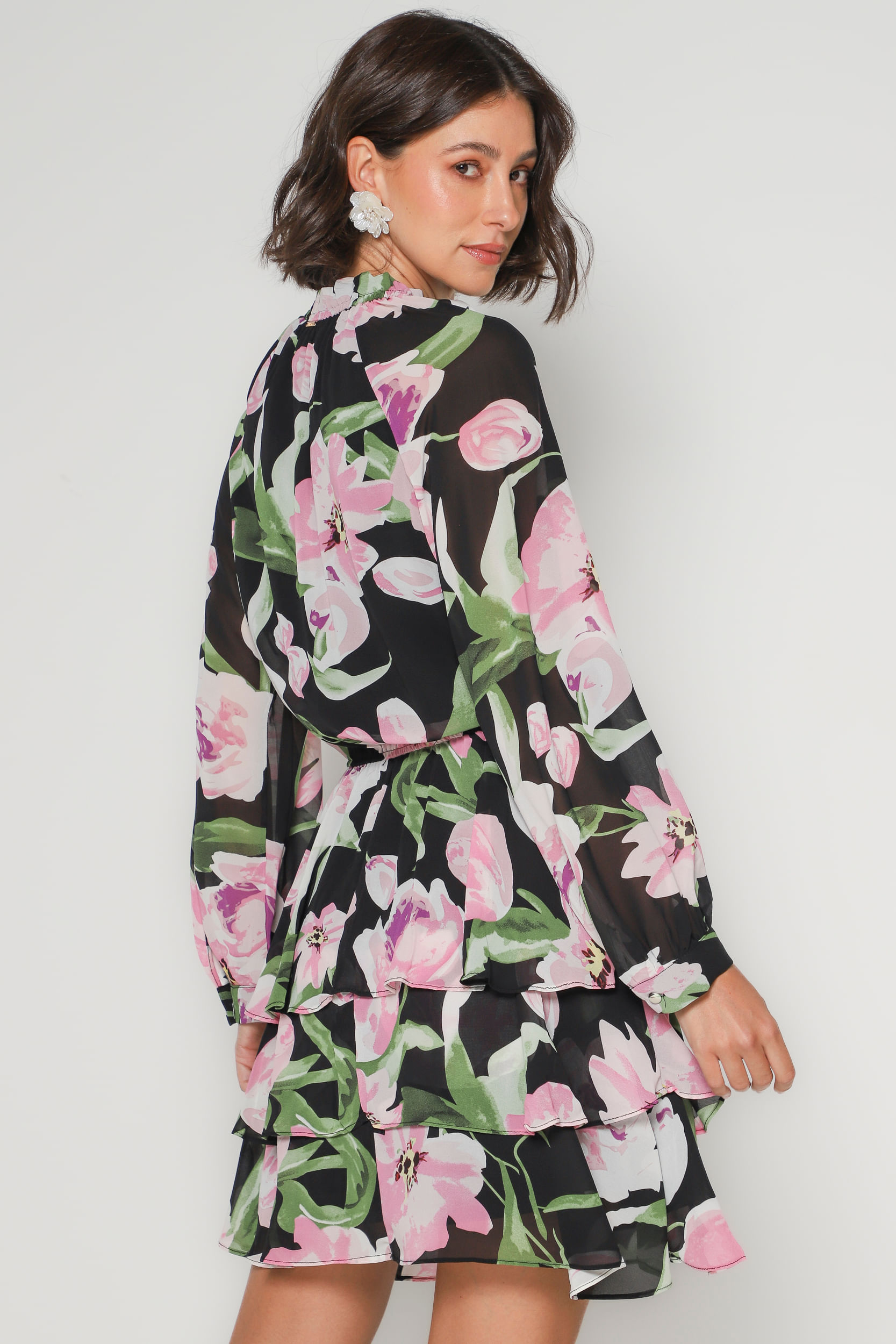 9034917 - Vestido Floral Curto Chiffon   PRETO