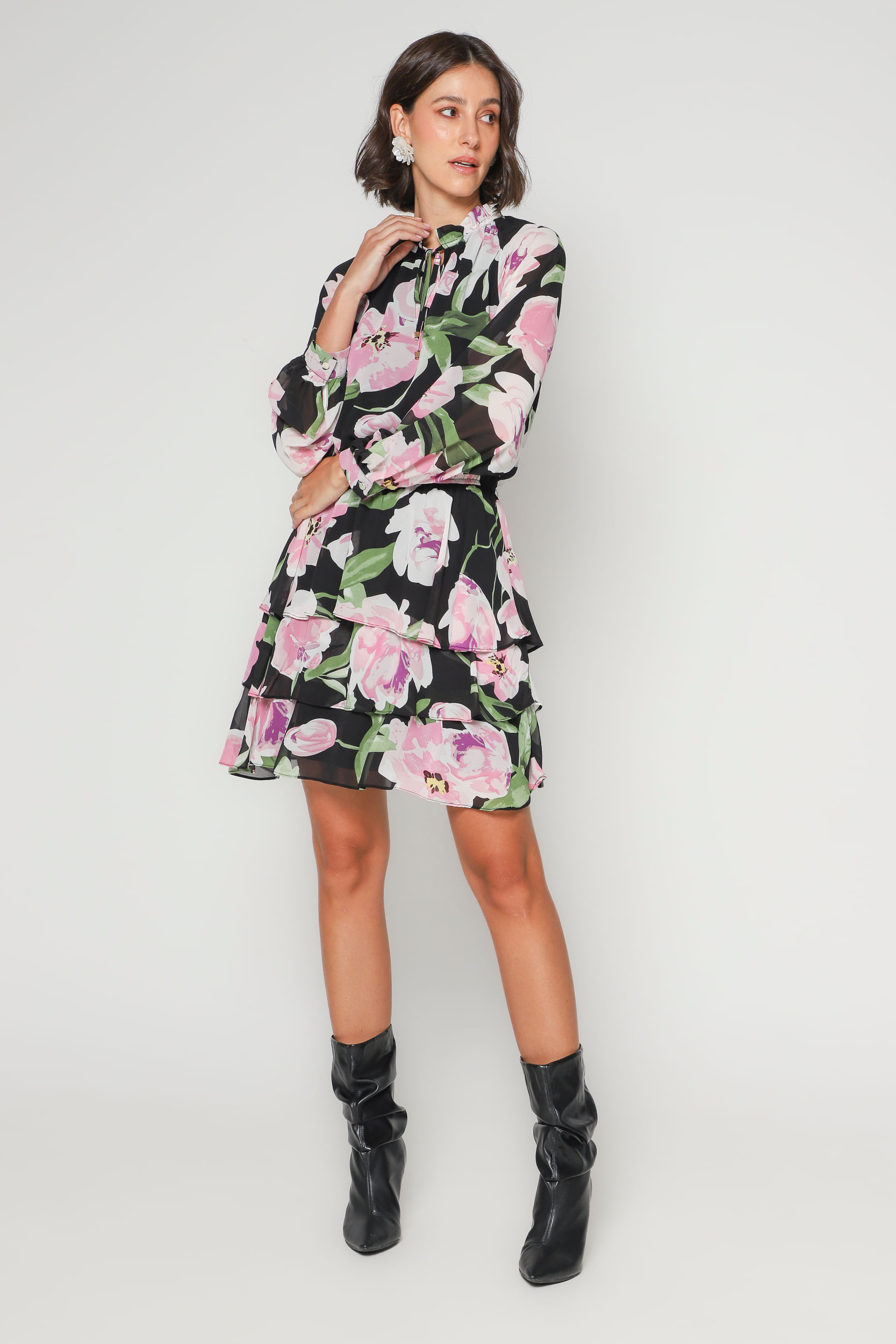 9034917 - Vestido Floral Curto Chiffon   PRETO