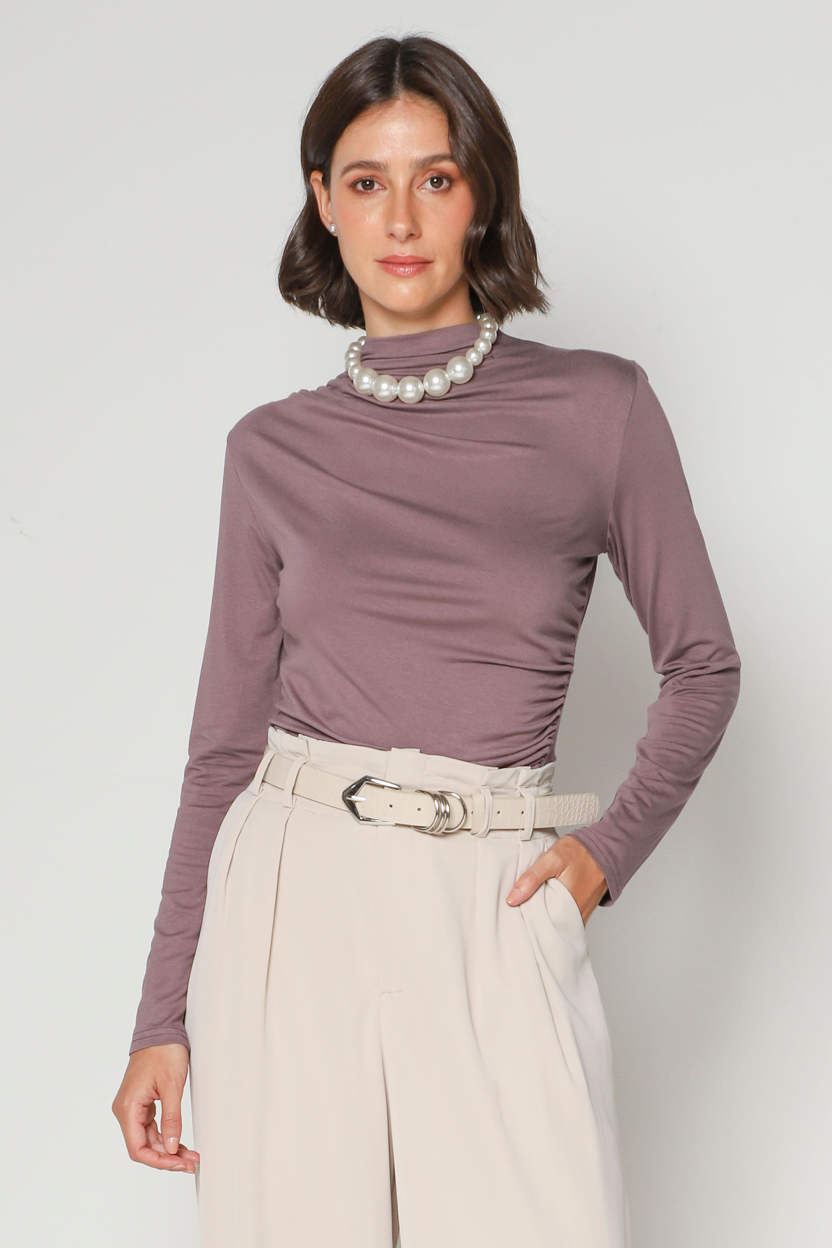 9035062 - Blusa Manga Longa Malha Franzida  CINZA