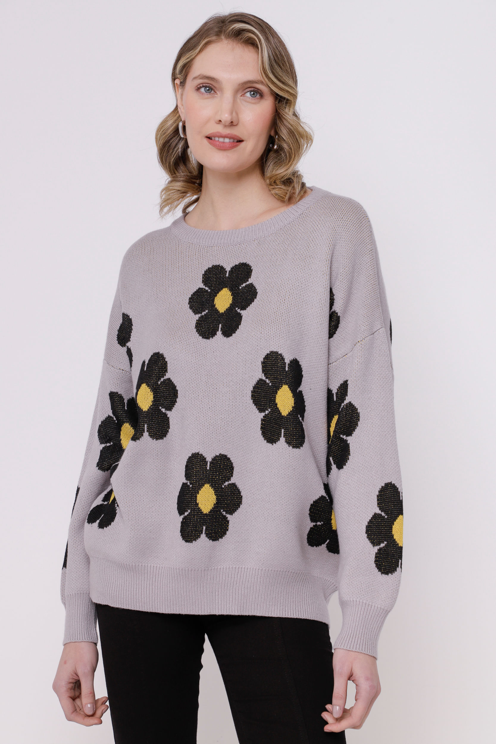 Blusa Tricot Flores CINZA