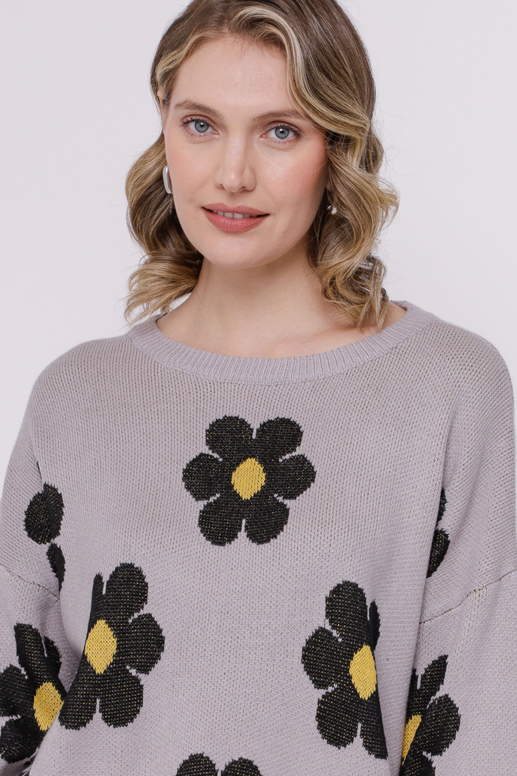 Blusa Tricot Flores CINZA Blusa Tricot Flores CINZA