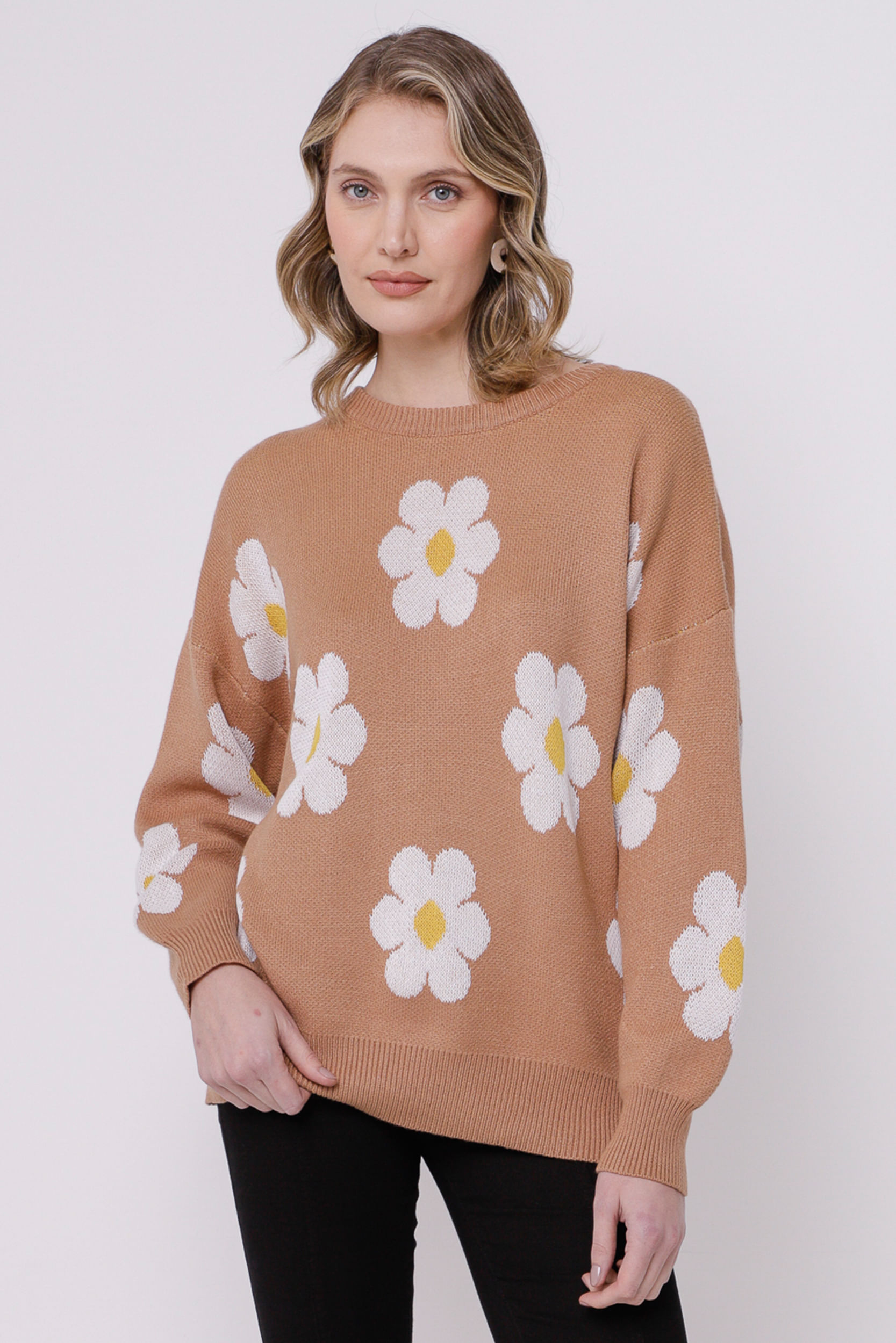 Blusa Tricot Flores CARAMELO