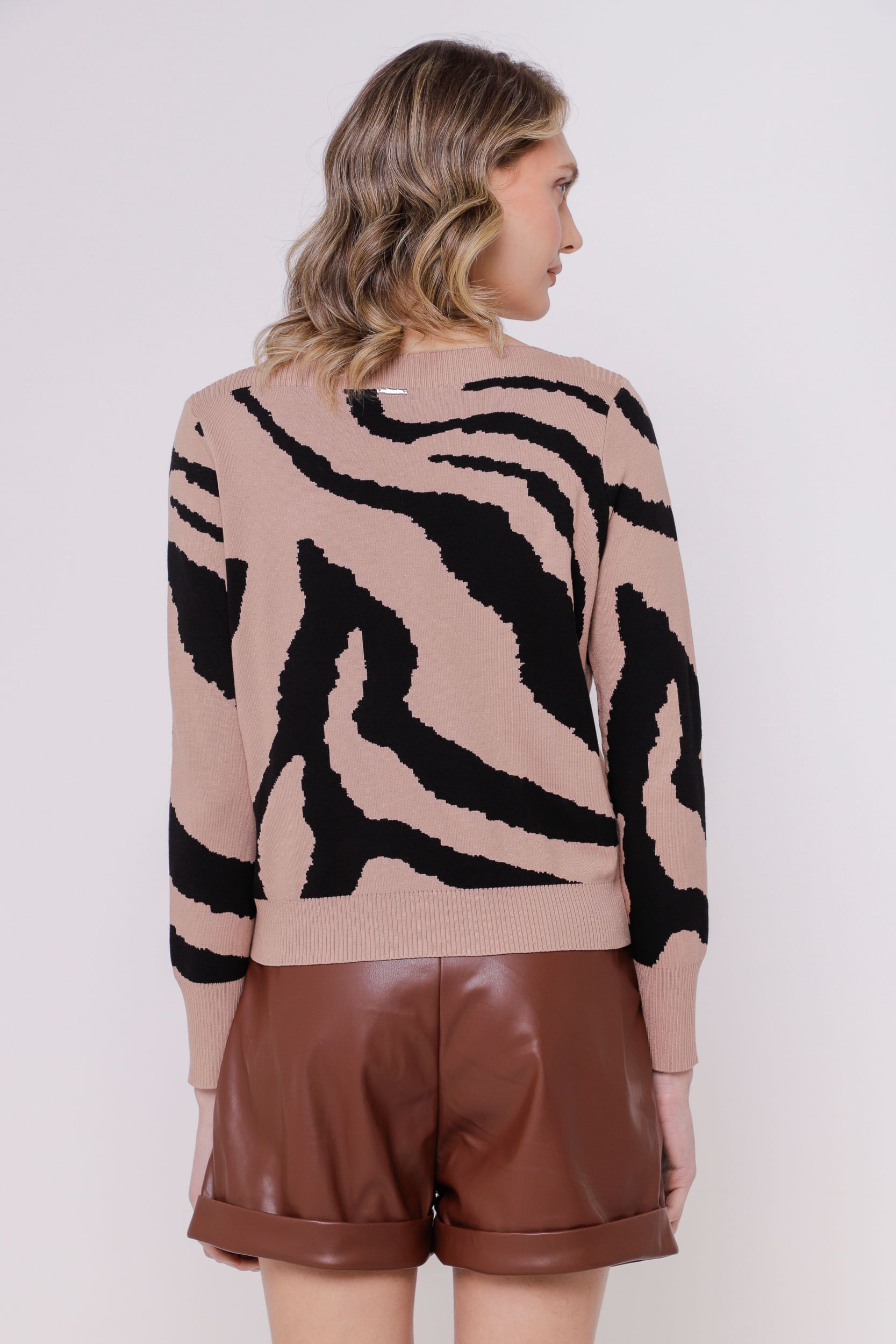 Blusa Tricot Manga Longa Zebrado BEGE