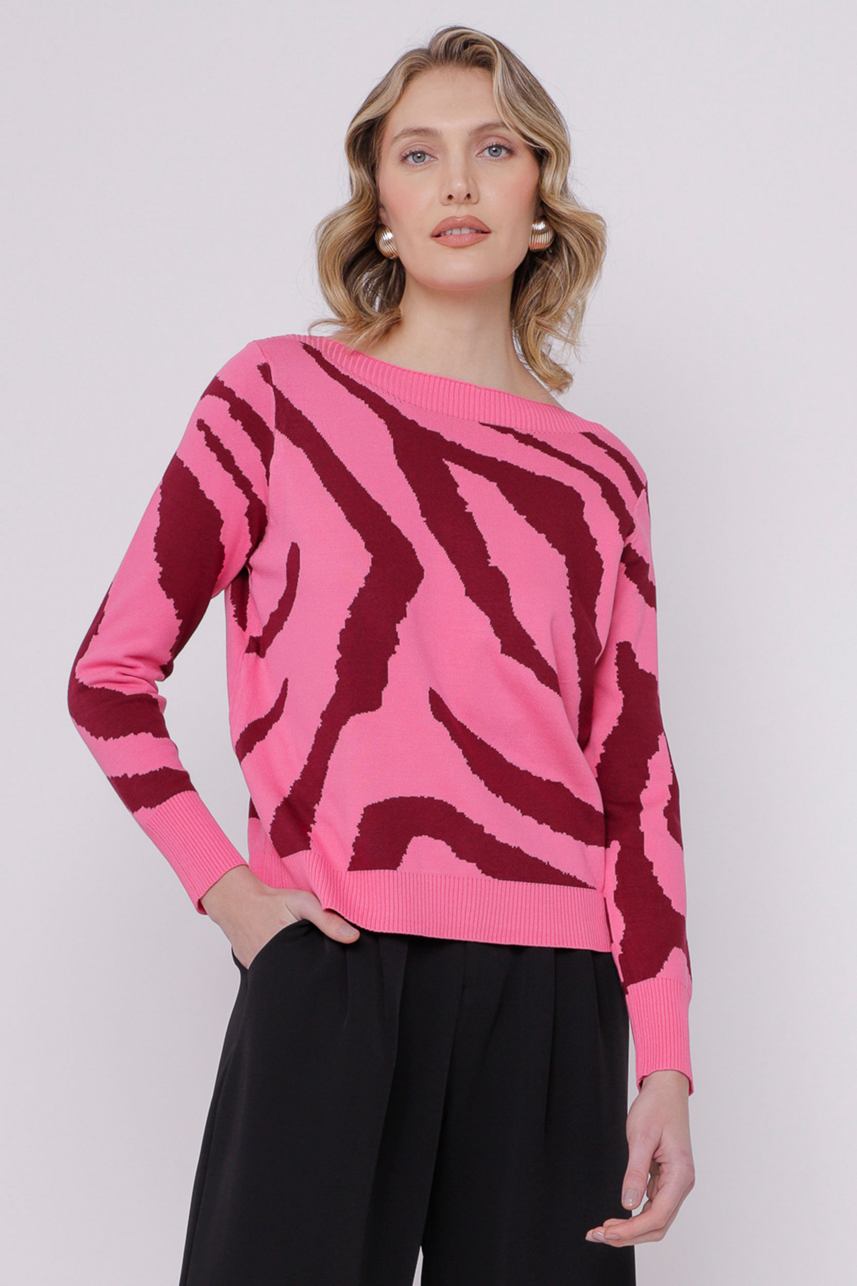 Blusa Tricot Manga Longa Zebrado ROSA