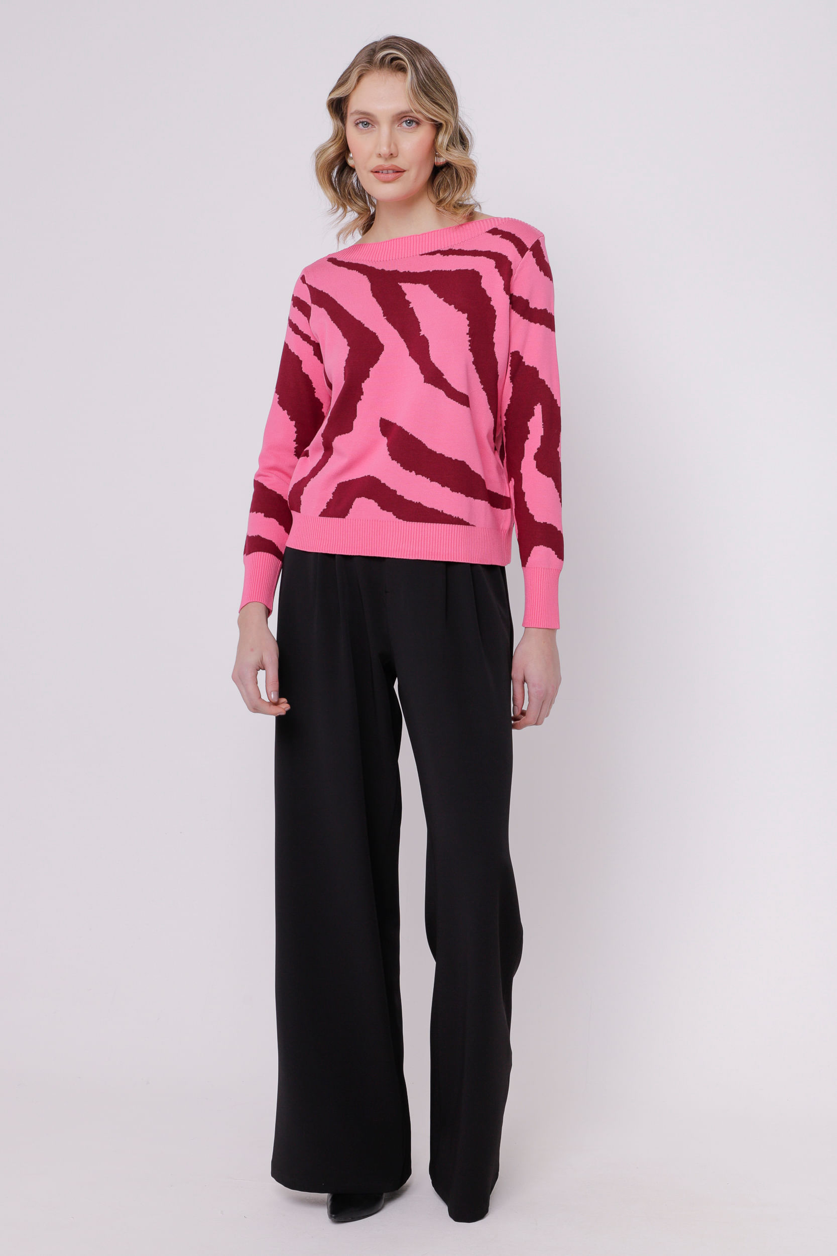 Blusa Tricot Manga Longa Zebrado ROSA Blusa Tricot Manga Longa Zebrado ROSA